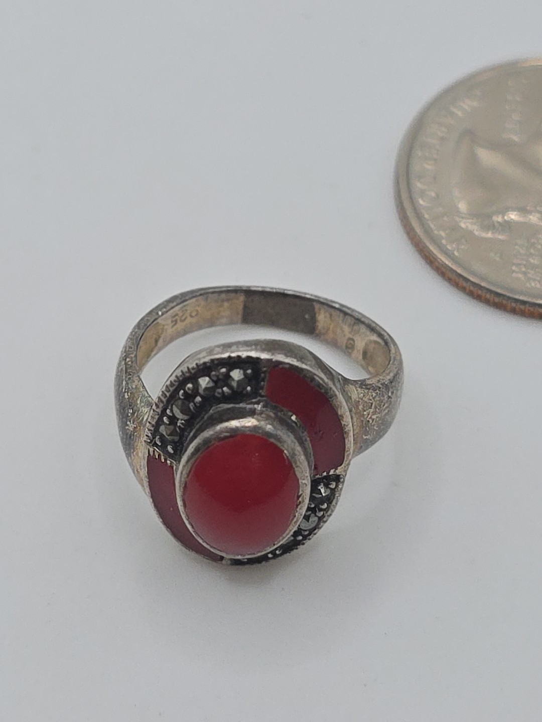 Vintage Sterling Silver 925 Oval Marcasite Red Coral Ring Size 6