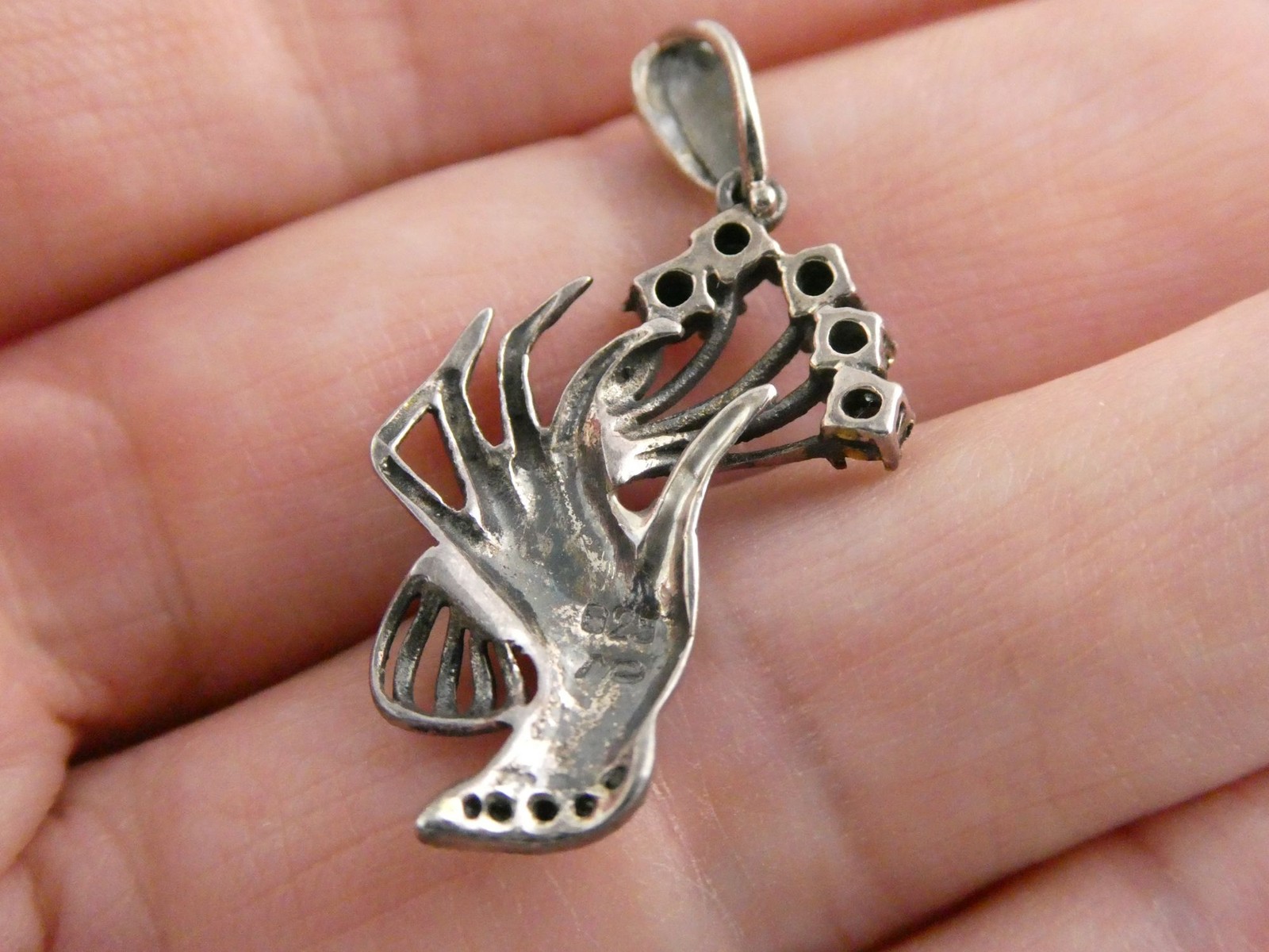 Marsala CW Sterling Silver Hand Holding Black Onyx Flowers Marcasite Pendant 2g