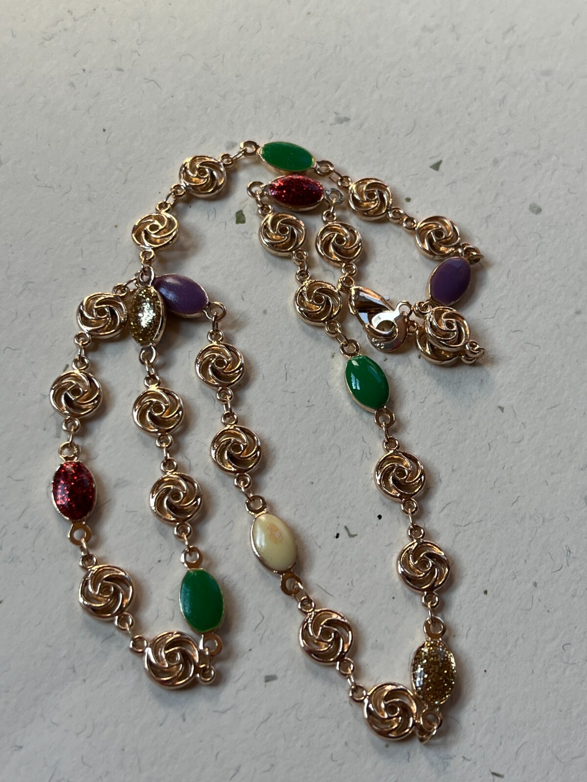 Small Goldtone Rose Flower w Red Green Cream Purple Enamel Oval Link Necklace –