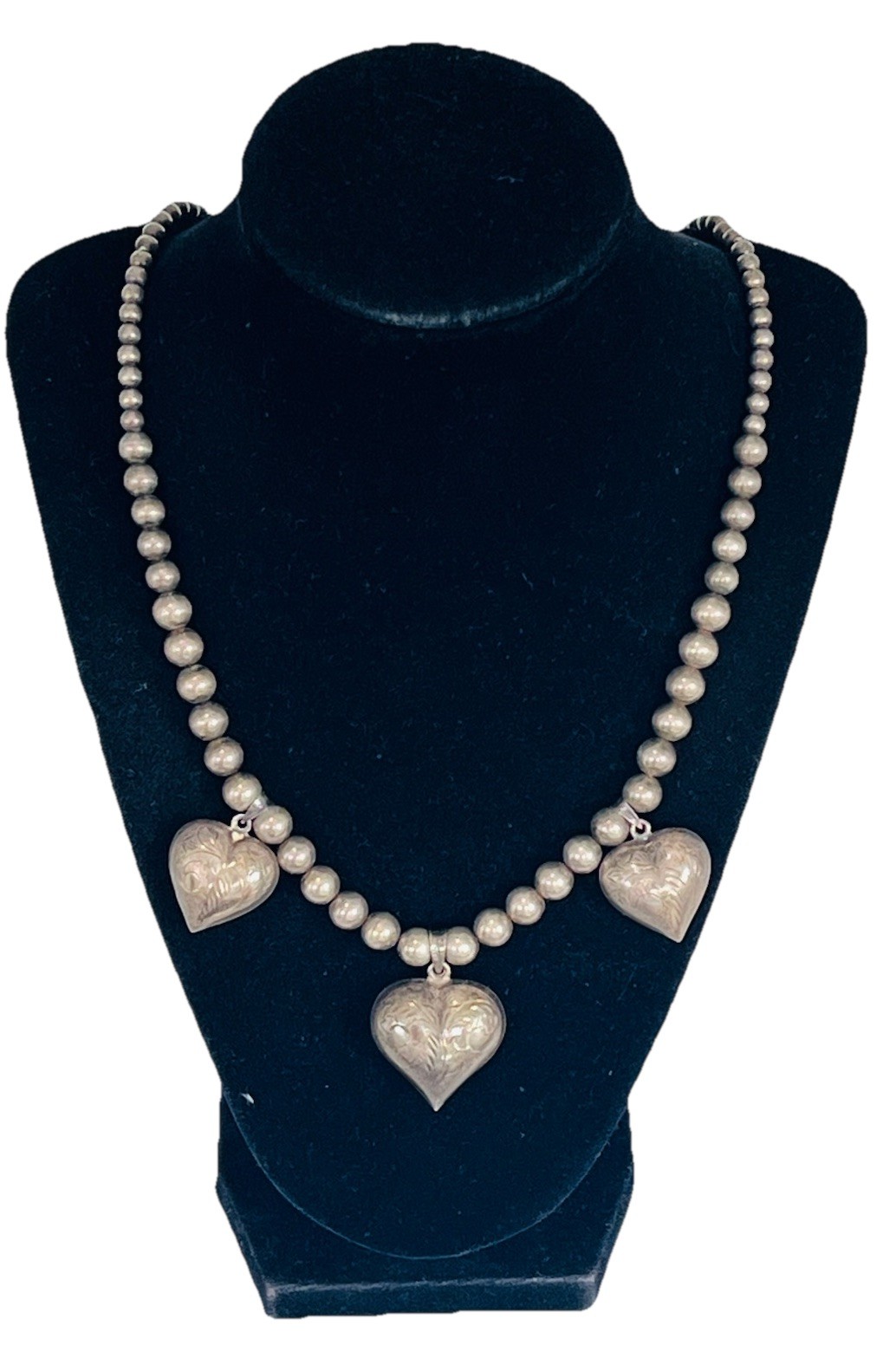 Vintage Sterling Silver Heart Charms Pendant 8MM Ball Bead Necklace 41-Grams