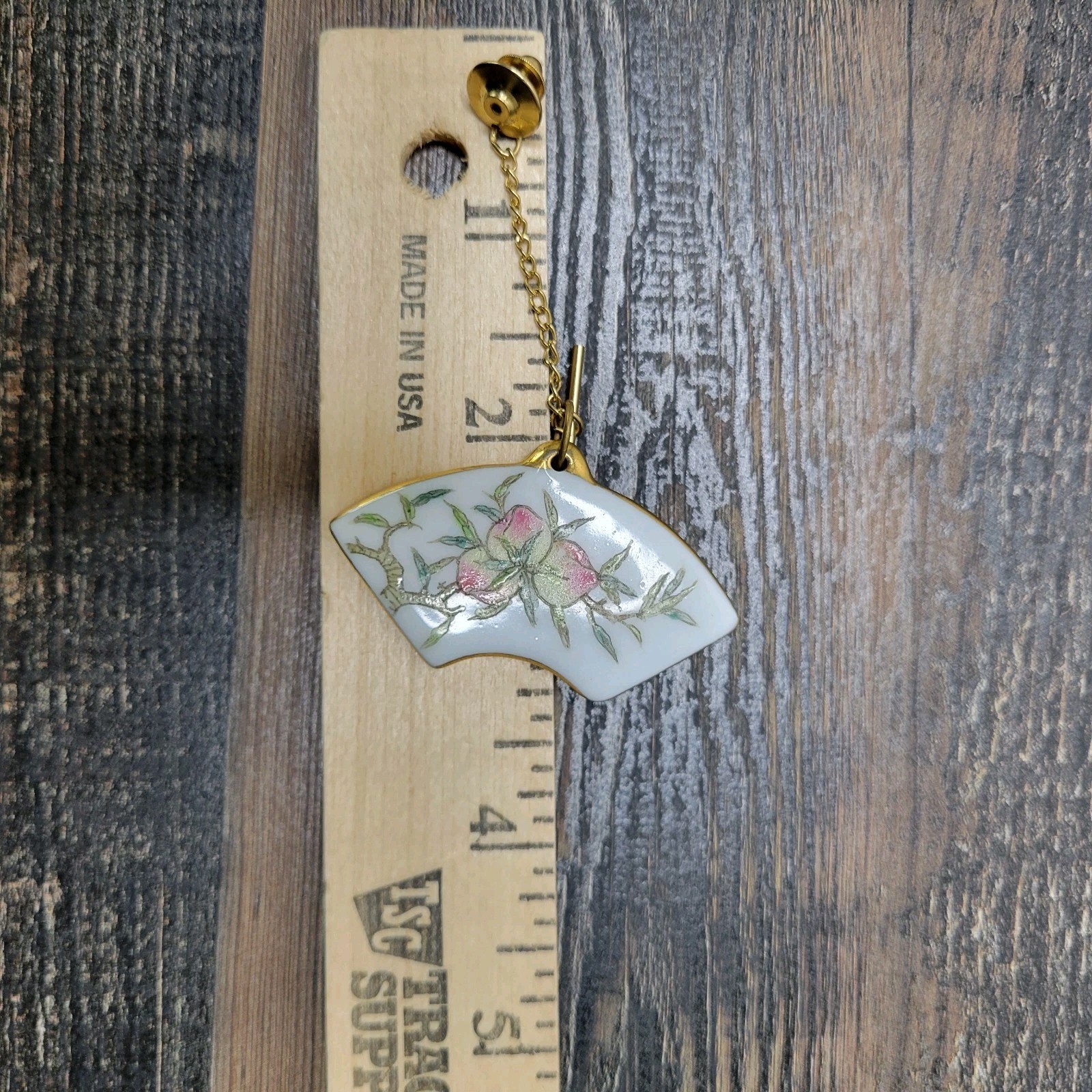 Porcelain Pin Pendant Convertible Japanese Fan Peaches Floral Handpainted VTG