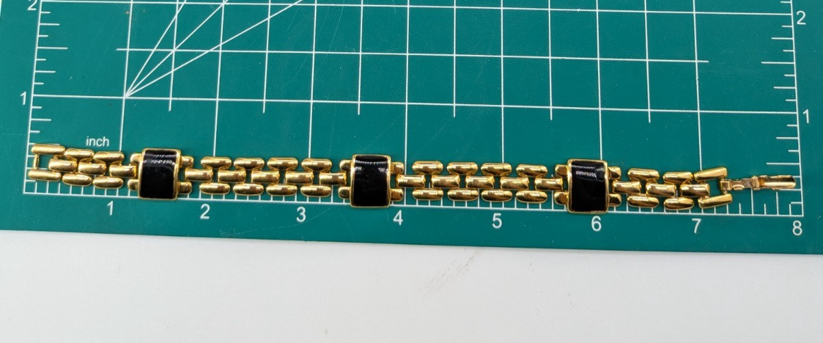 Trifari Signed Gold Tone Black Station Link Bracelet 7.25 in Vintage Designer