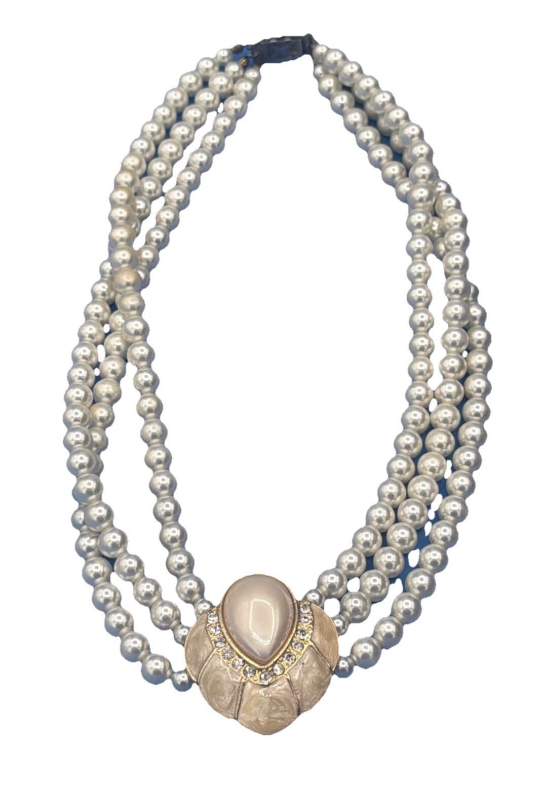Vintage Necklace & Clip-On Earrings Set – 3‑Strand Faux Pearls Rhinestone Center