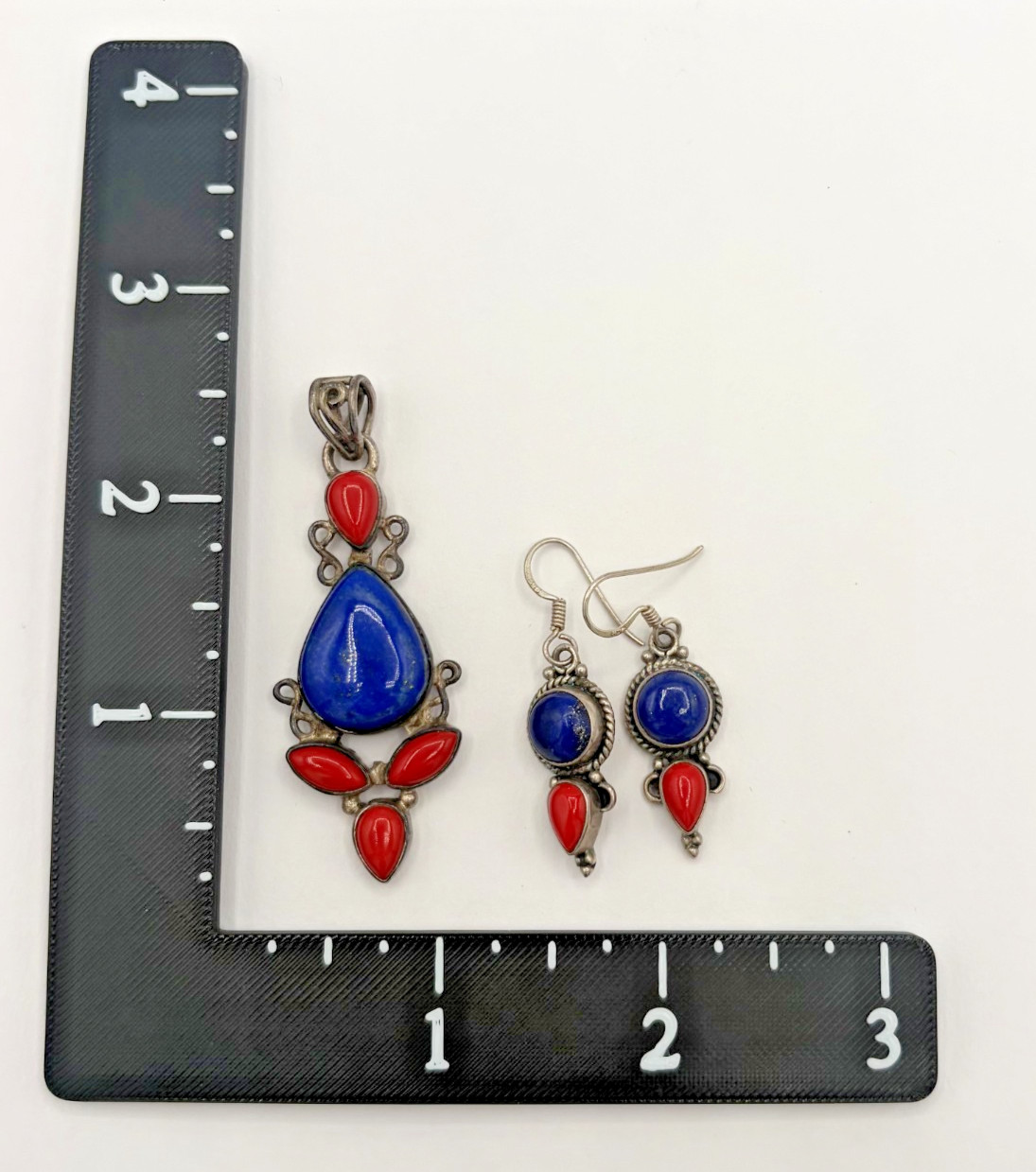 Vintage Southwest Sterling 925 Lapis Lazuli Red Coral Pendant Dangle Earring Set