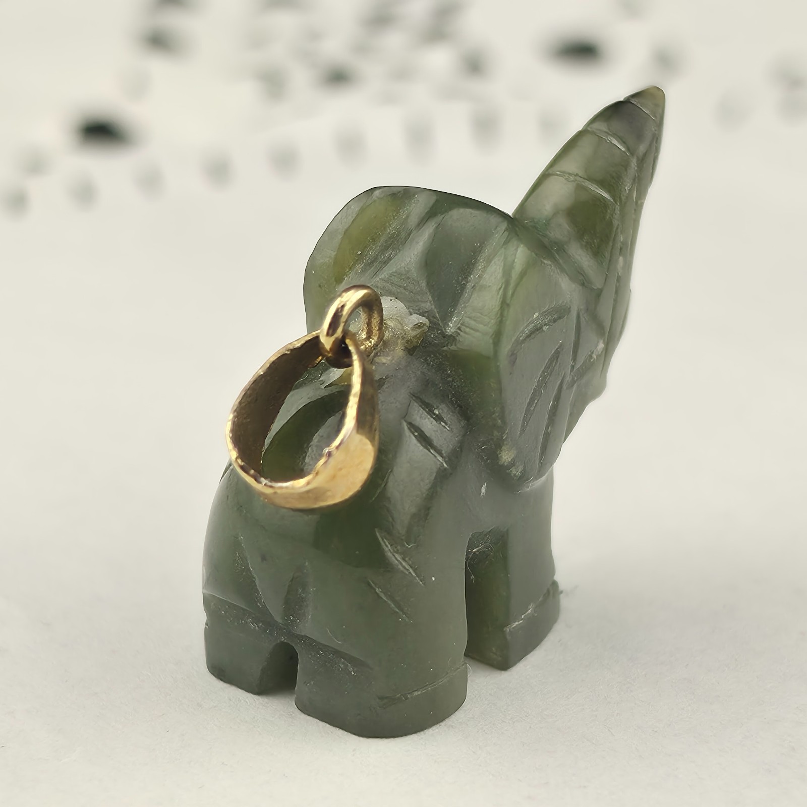 Vintage 28mm Dark Green Nephrite Jade Lucky Elephant Trunk Up Pendant Gold Fill