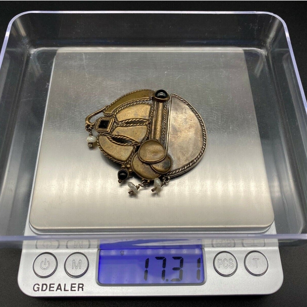 Vintage Modernist Abstract Pearl Mixed Metal Sterling Silver Brass Pin Brooch