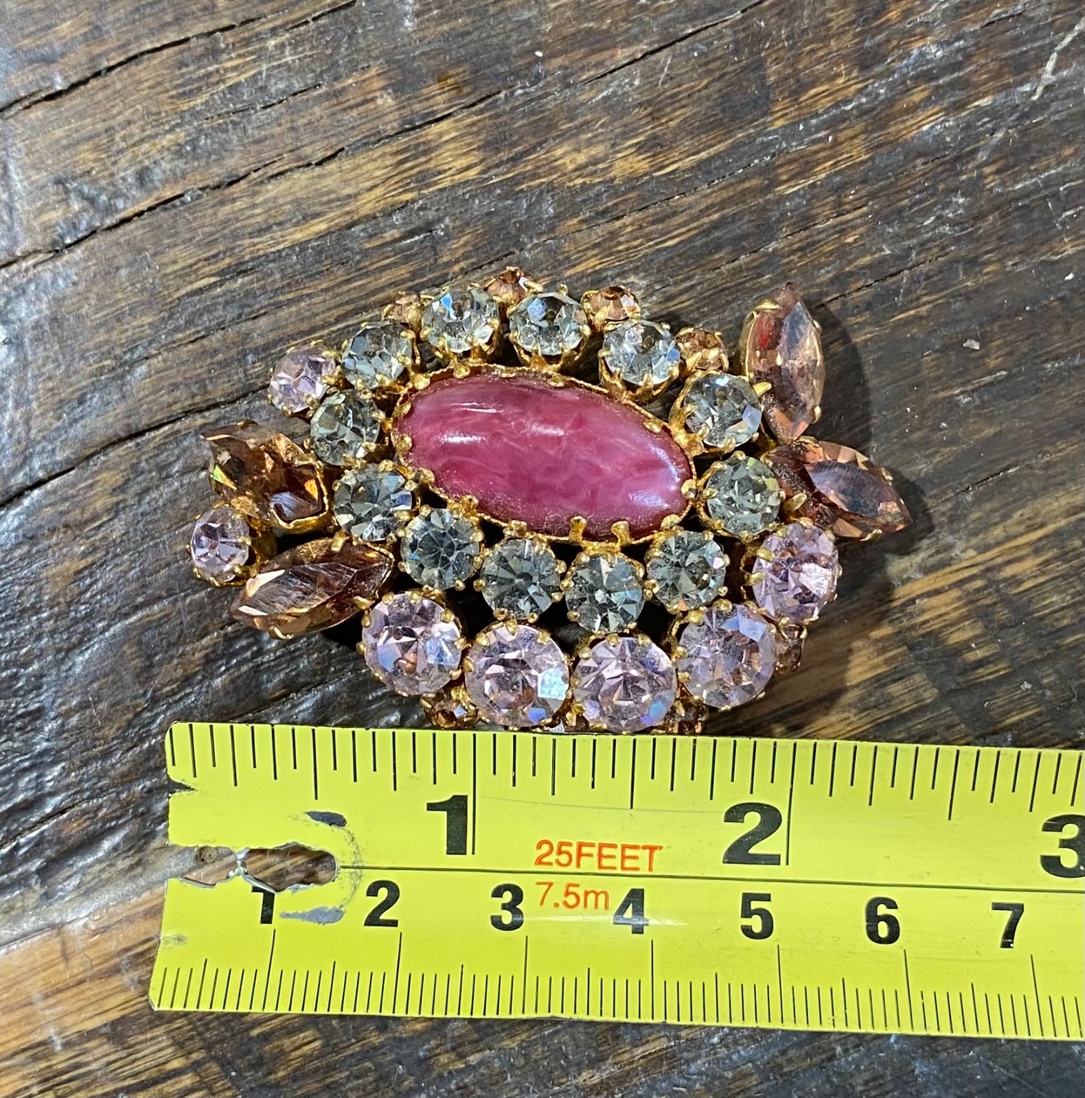 Vintage Pink/Fushia Rhinestone/Pink Art Glass Cabochon Brooch/Pin