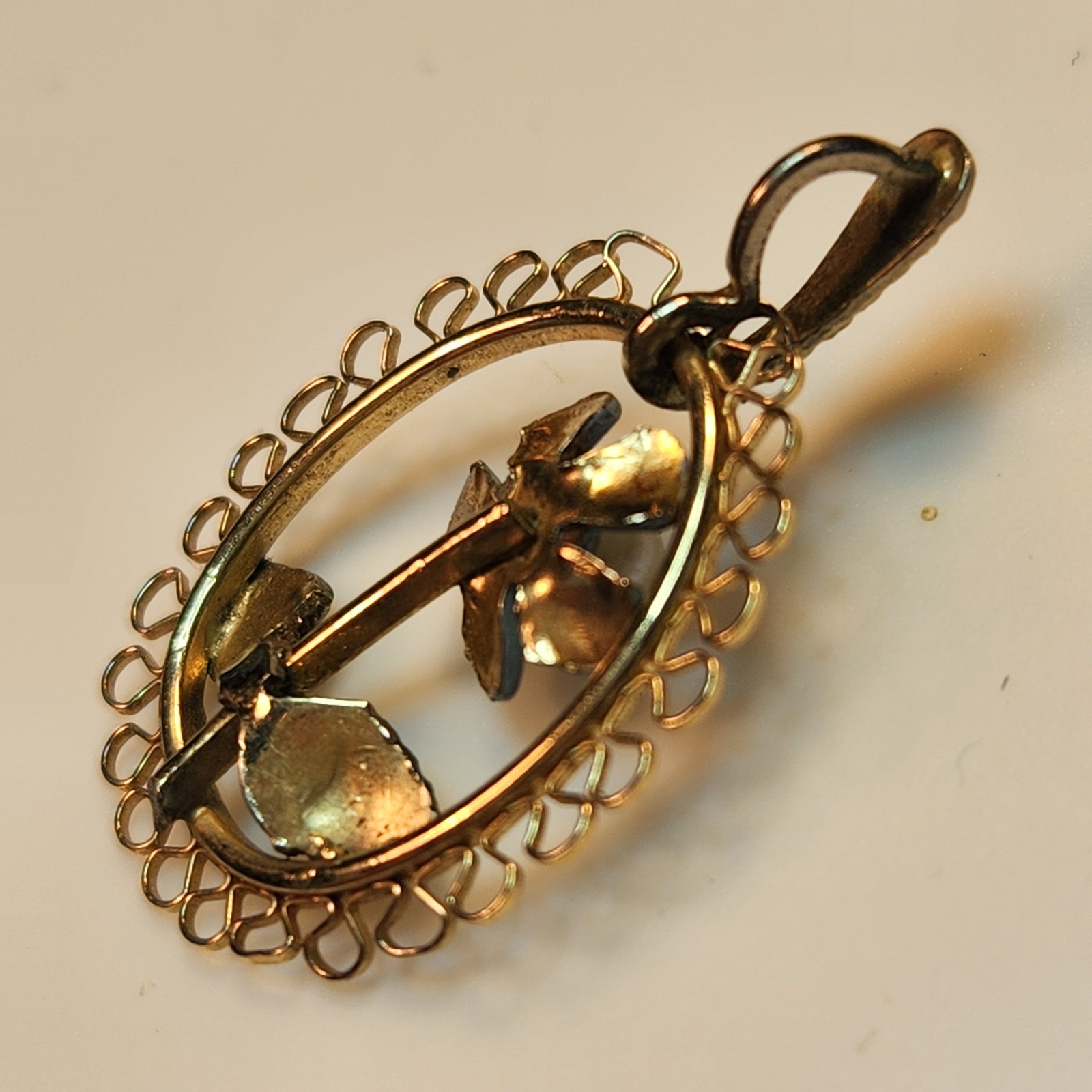 Vintage Enamel Pendant Forget Me Not Pearl Goldtone Metal Filigree Frame 1″