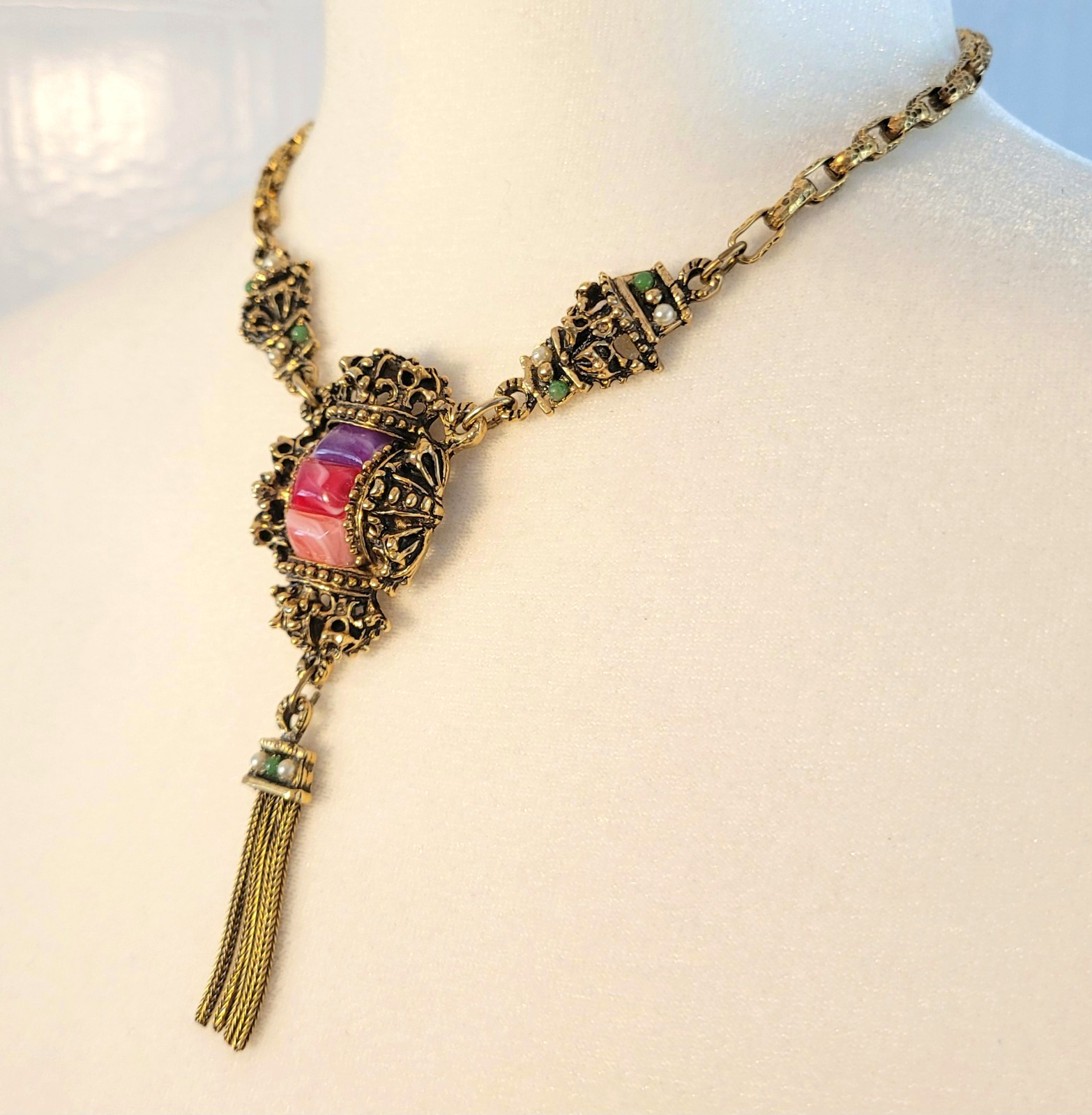 Vtg Selini Pink Purple Confetti Lucite Necklace Earring Set *Unsigned* Victorian