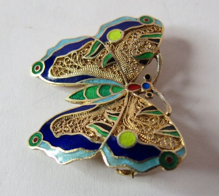 VTG ENAMEL 925 STERLING SILVER GOLD PLATED MULTICOLOR BUTTERFLY PIN BROOCH