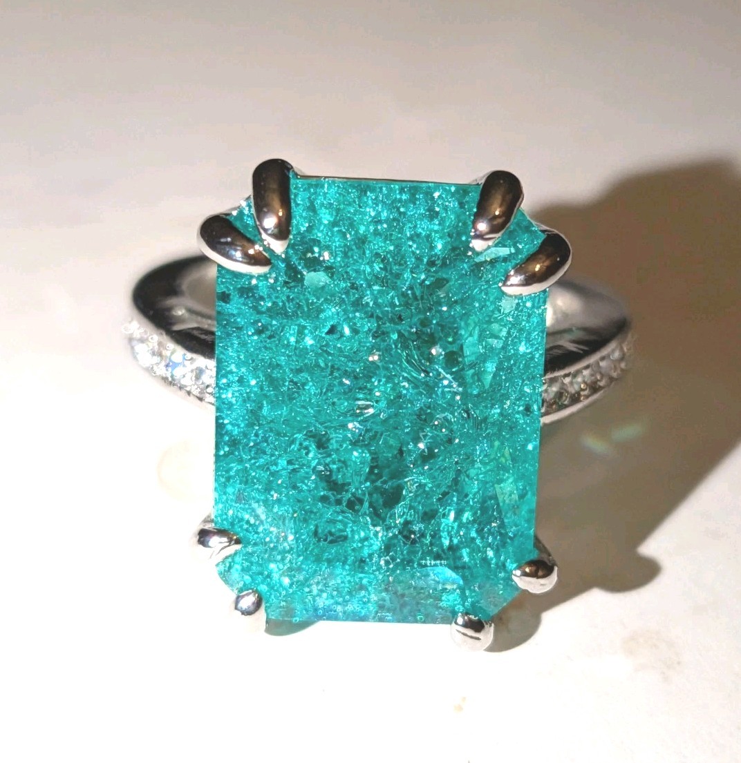 Shiny 10 CT Emerald Cut Lab-Created Paraiba Tourmaline Ring 925 Sterling Silver