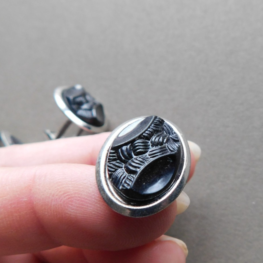 Vintage Matching Tie Clip & Cuff Links Set – Black & Silver tone