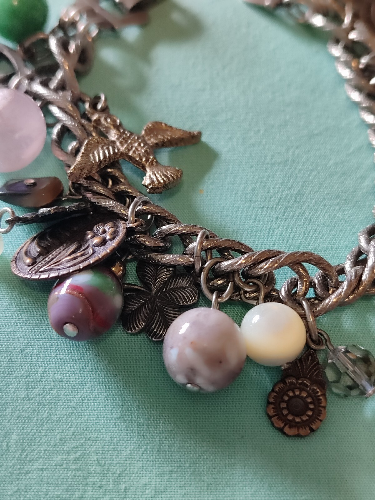 Vintage Loaded Dangle Charm Starter Bracelet Silver Plate Pewter Art Glass Stone