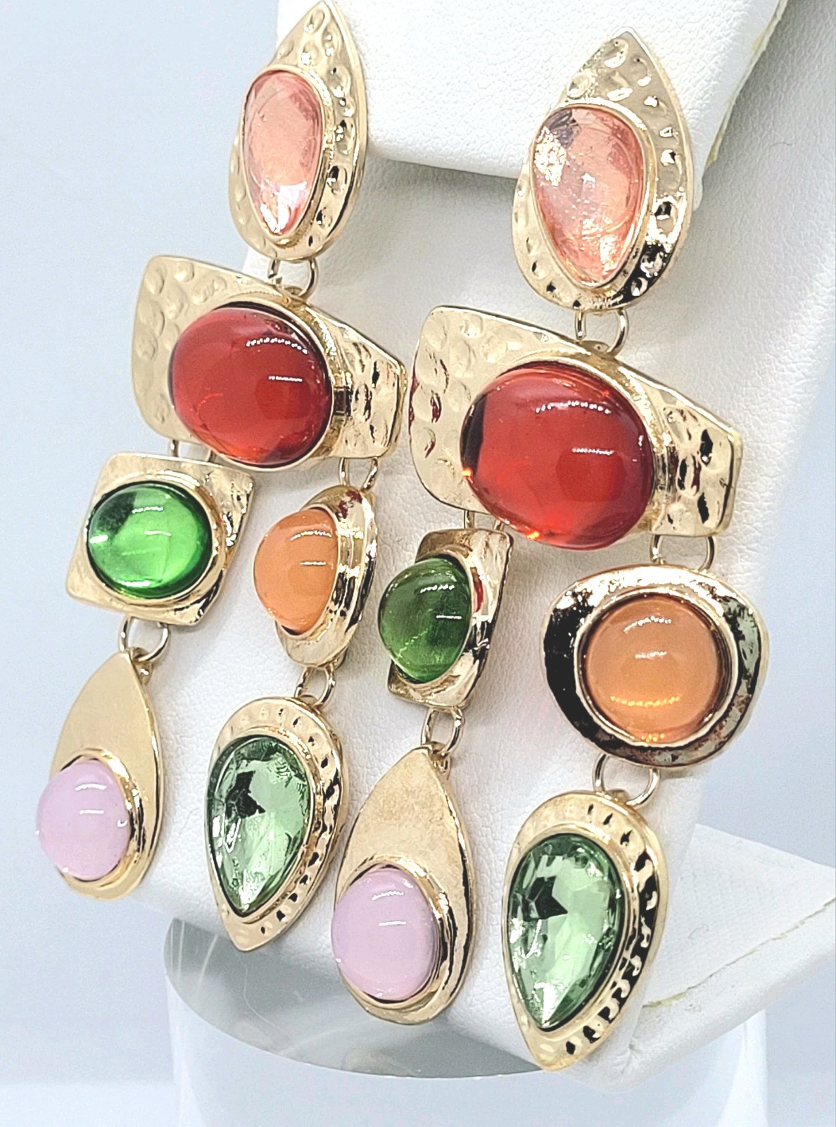 Retro GoldTone Multicolor Gemstone Dangle Drop Oversized Statement Post Earrings