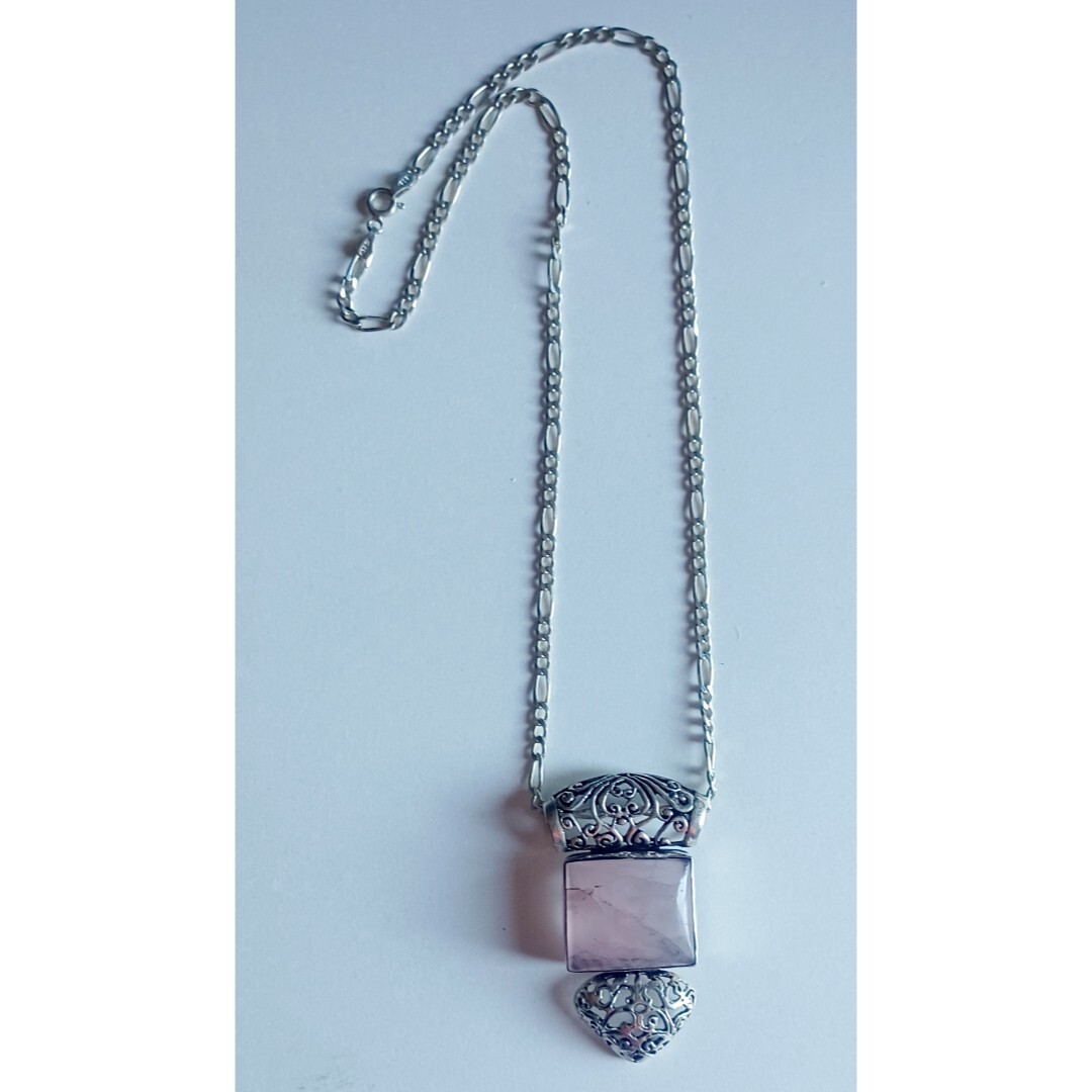 Rose Pink Natural Jadeite & Silver 925 Scrollwork Pendant Necklace