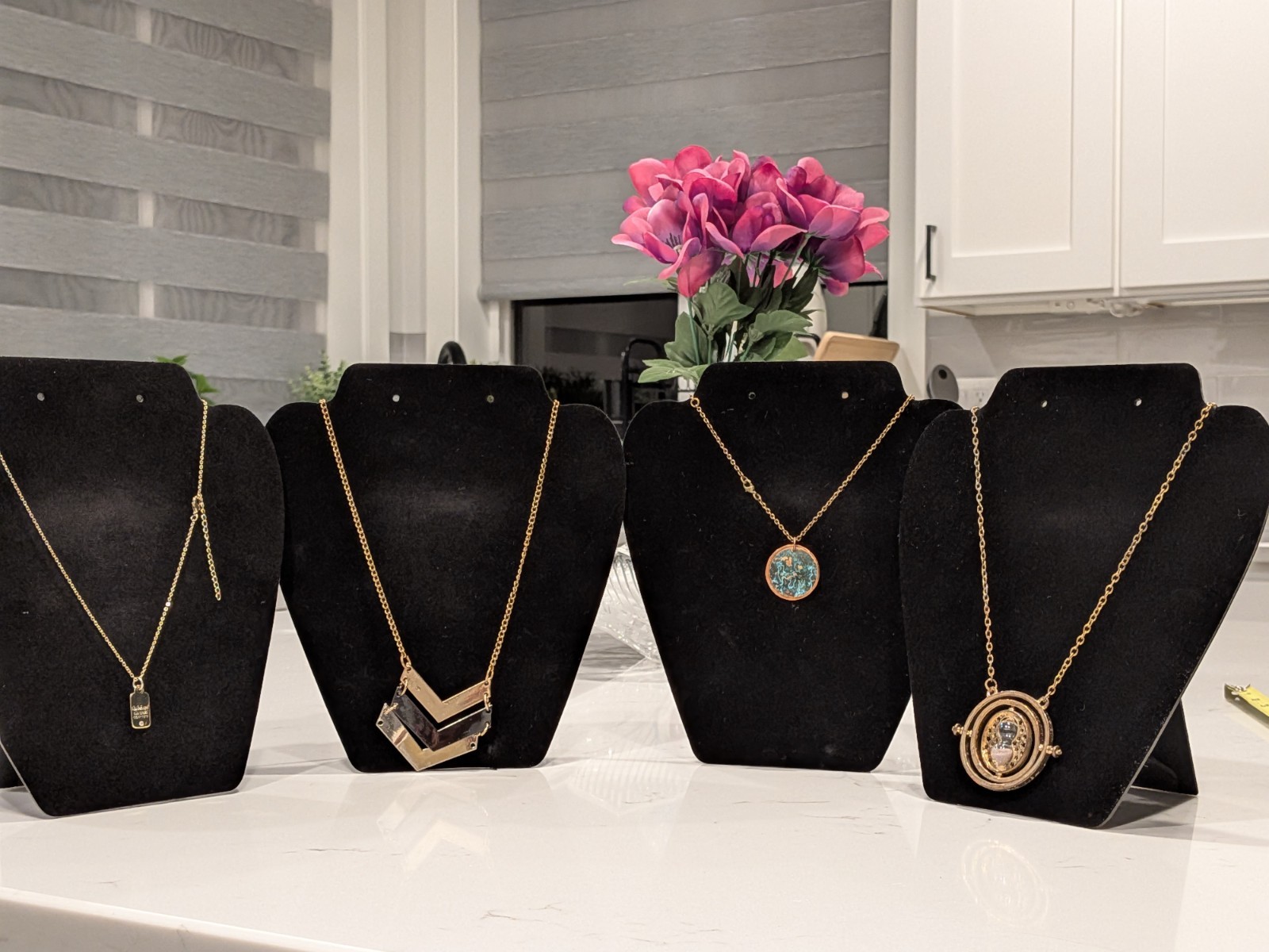 Lot of 4 Statement Necklaces | Chevron Geometric, Time Turner Style – Gold Tone