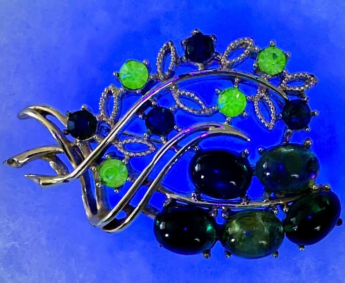 Vintage Uranium Glass Brooch Lime Green Rhinestones With Cabochons Signed Coro