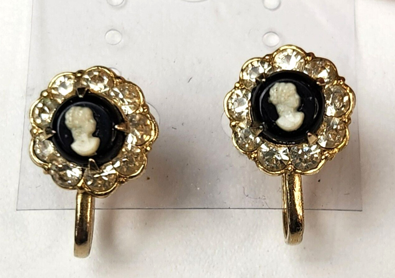 Coro Cameo Earrings Ivory/Black Gold Tone Rhinestones Screw Back Vintage Signed