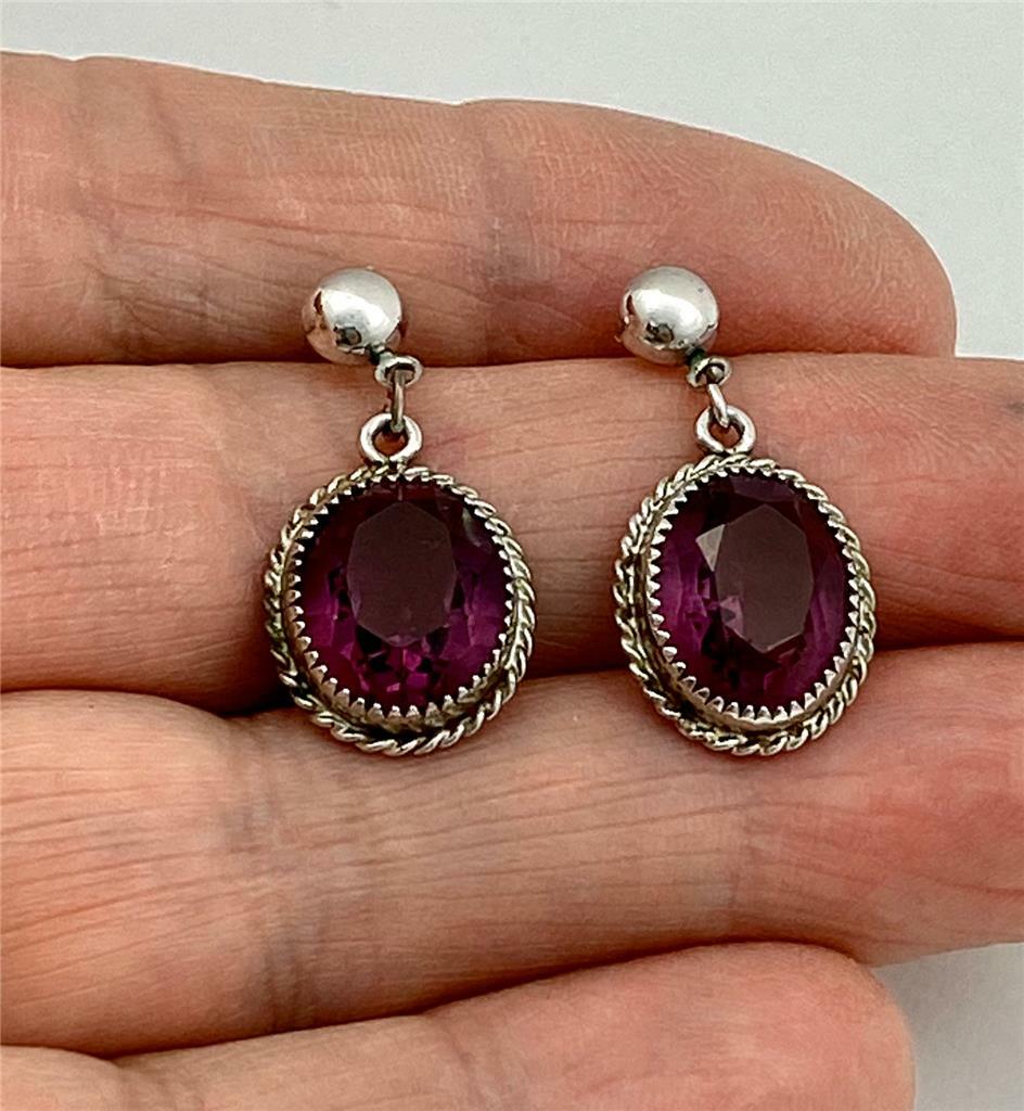 Vintage Faux Amethyst Silver Tone Dangle Drop Post Earrings