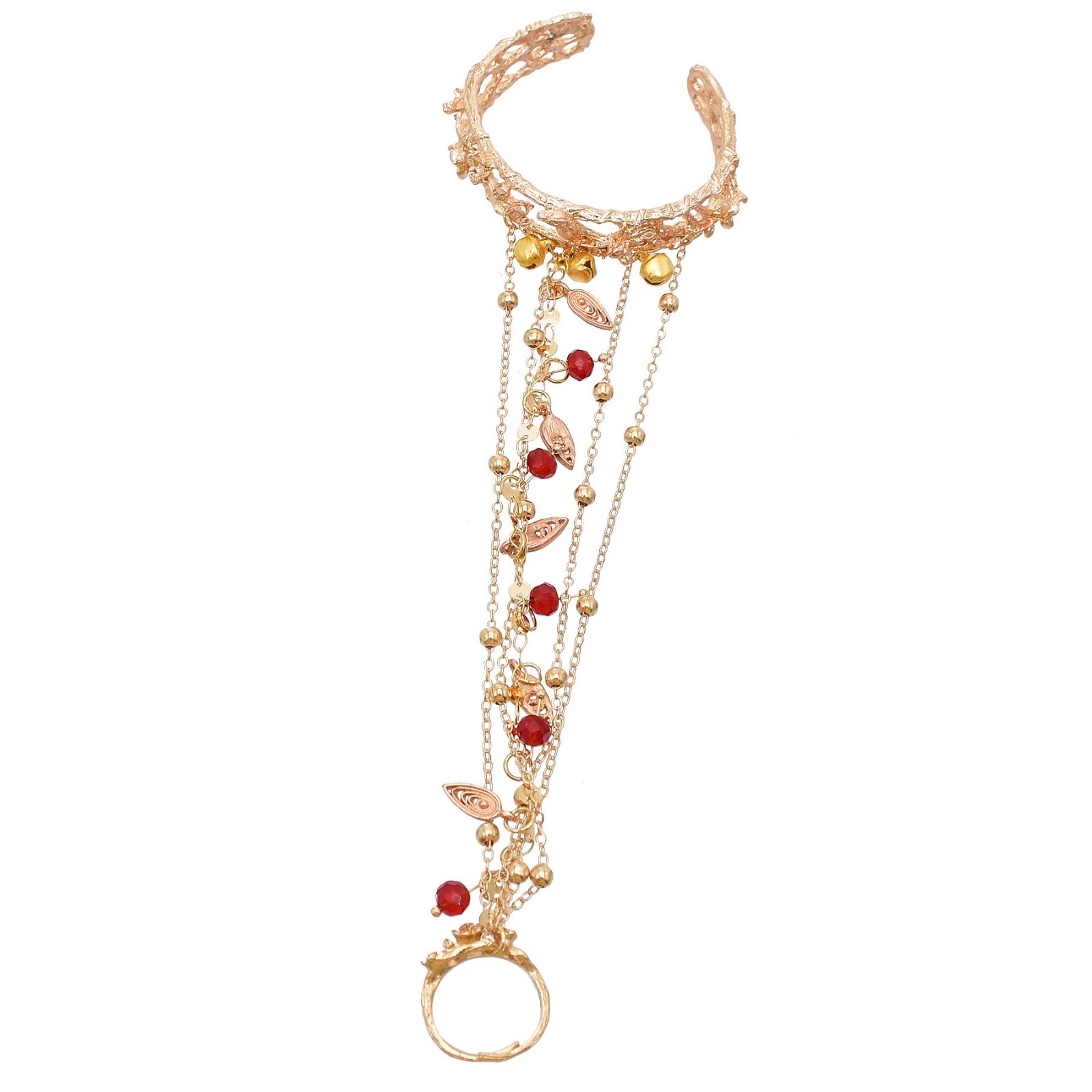 Gold Tone Vintage Cuff Bracelet with Ring Red Beads Chain Bell Gift for Women