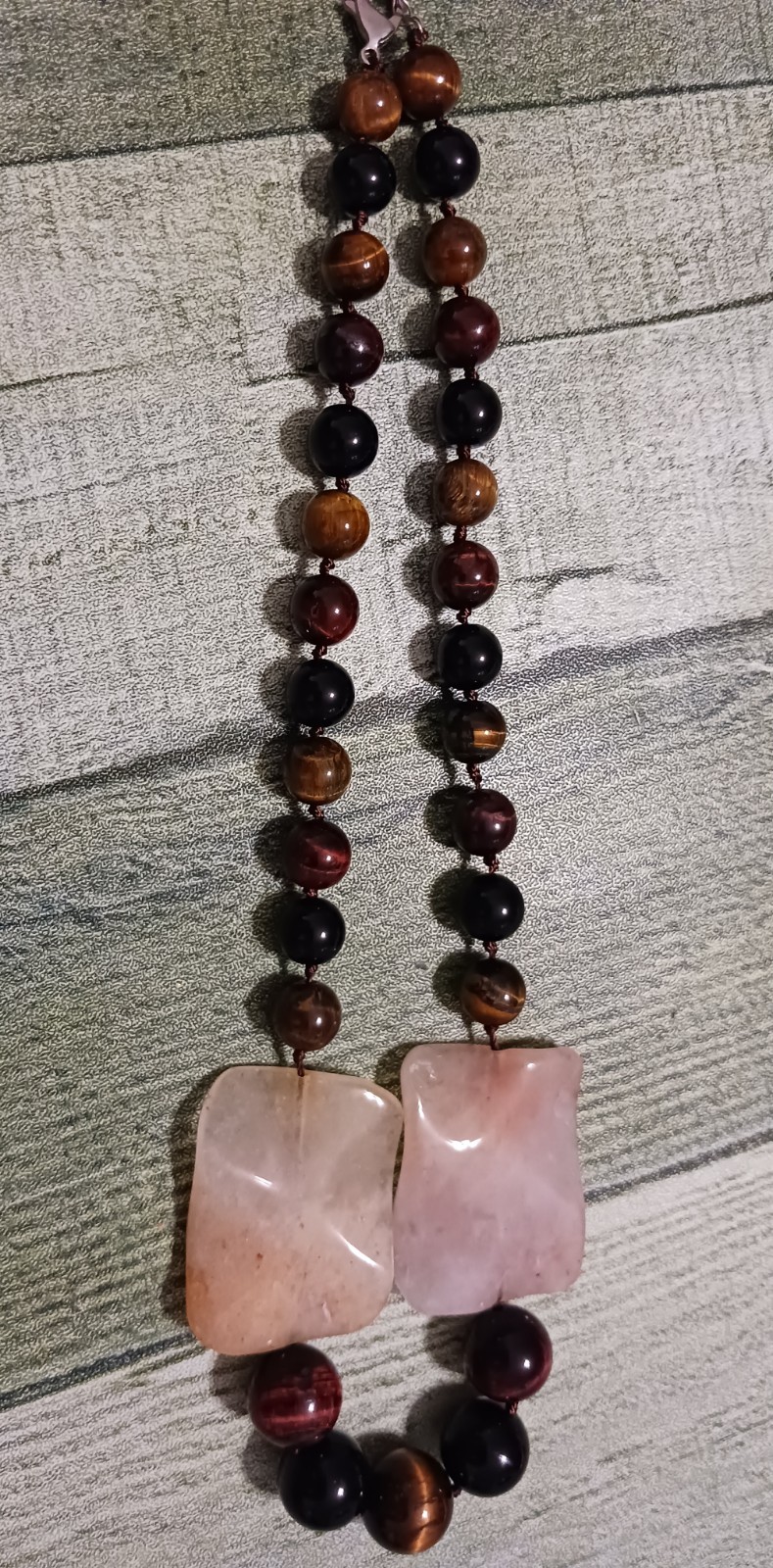 VINTAGE NATURAL YELLOW JADE TIGER’S EYE GEMSTONE NECKLACE 18K WHITE GOLD PLATED