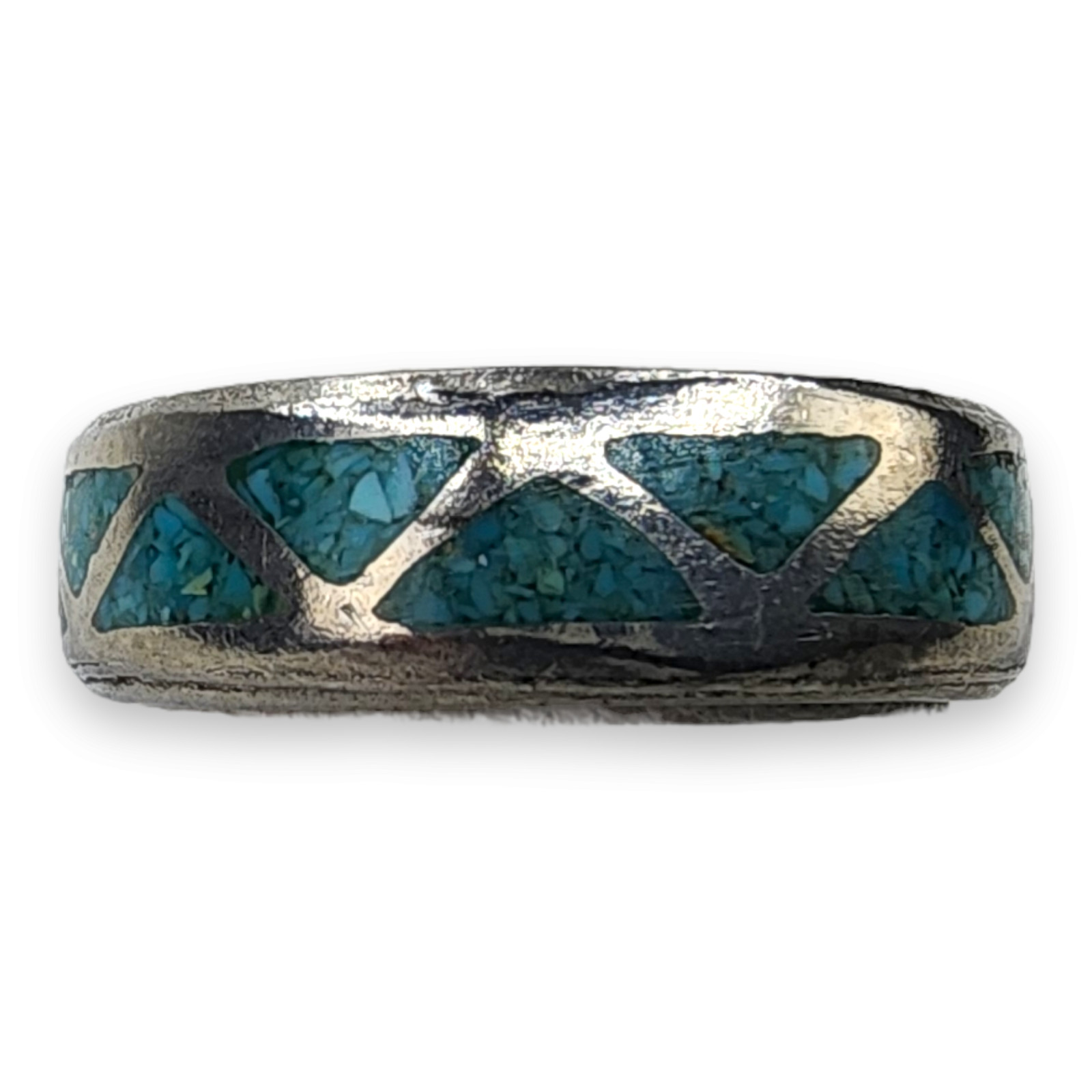 Vintage Southwestern Souvenir Nickel Silver Turquoise Chip Inlay Ring Size 10.5