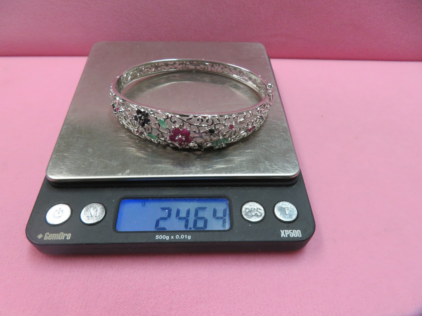 Ross Simons 7″ 925 Sterling Silver Hinged Ruby Sapphire Emerald Bangle Bracelet