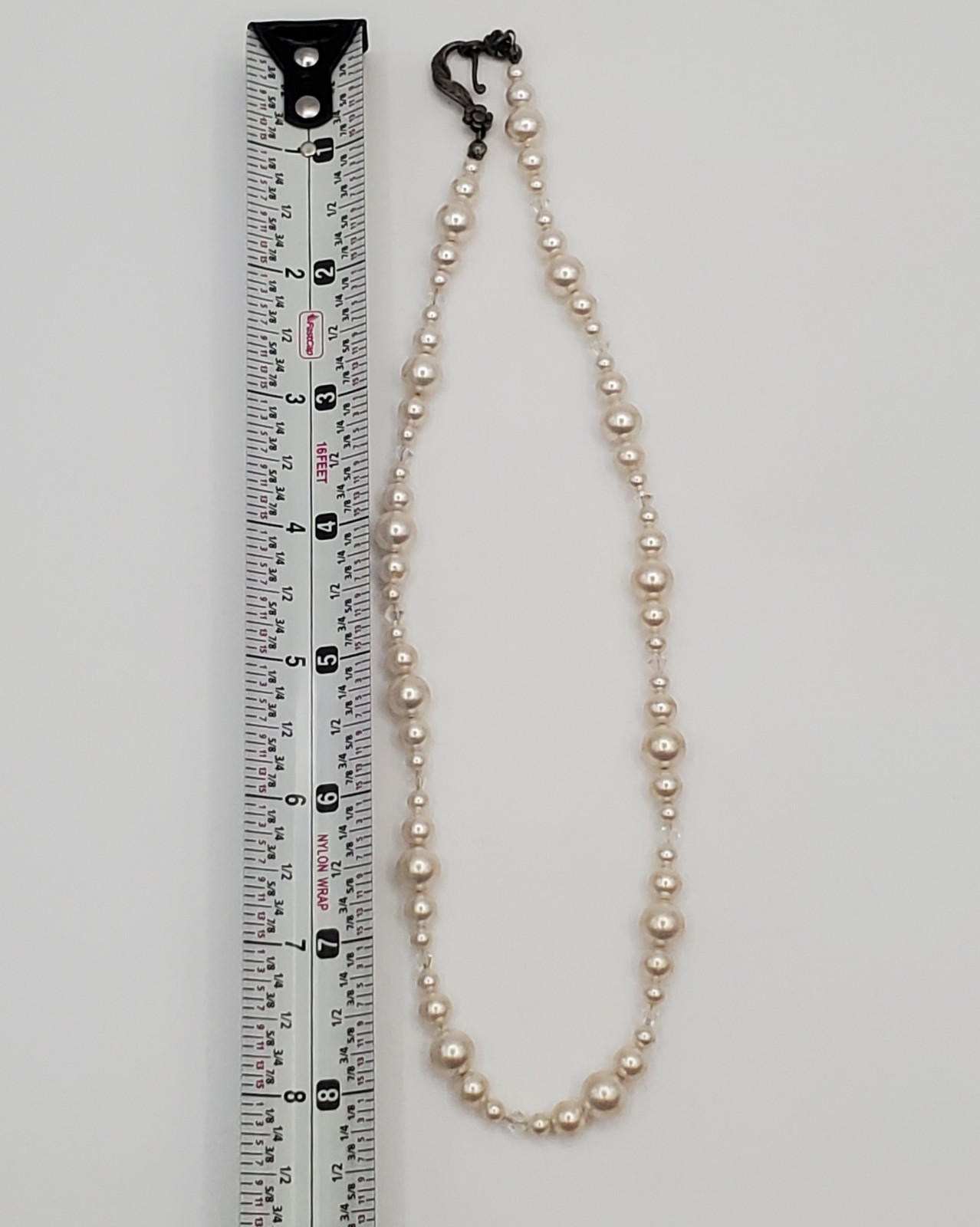 VTG 925 Faux Pearl Bicone Crystal Necklace 18in Sterling Silver 24gtw Estate