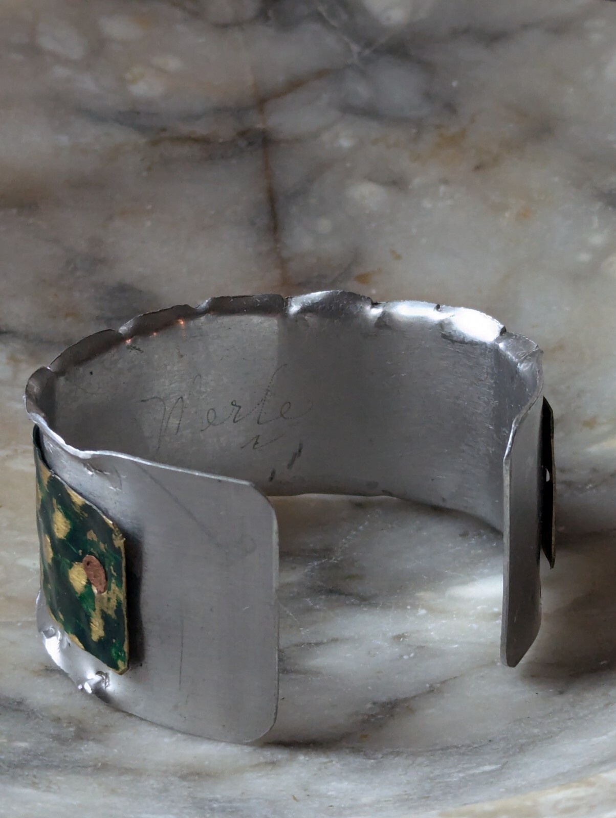 Vtg Merle House Metalwork Aluminum Cuff Bracelet Statement Artisan Jewelry USA