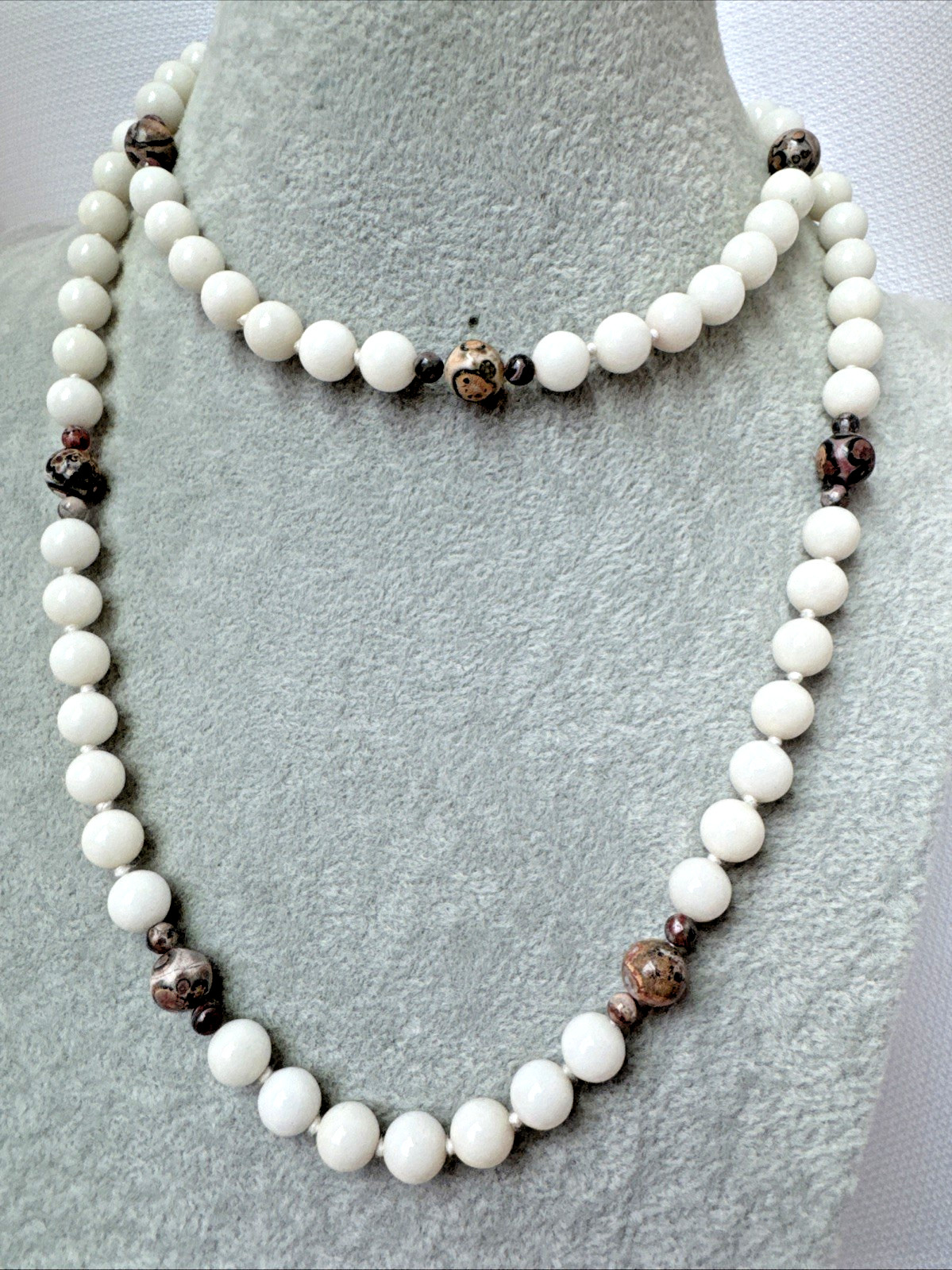 VTG Quartz Agate Jasper polished Crystal Glass Stone Beaded hand knot Necklace