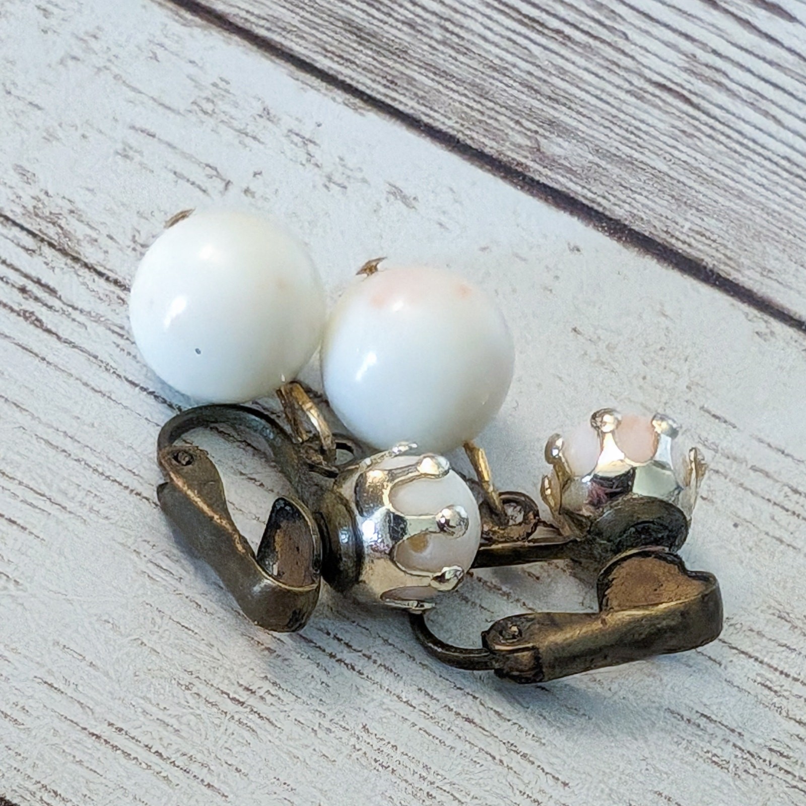 Vintage Clip On Earrings Ball Duo Dangle Off White with Pink Hues