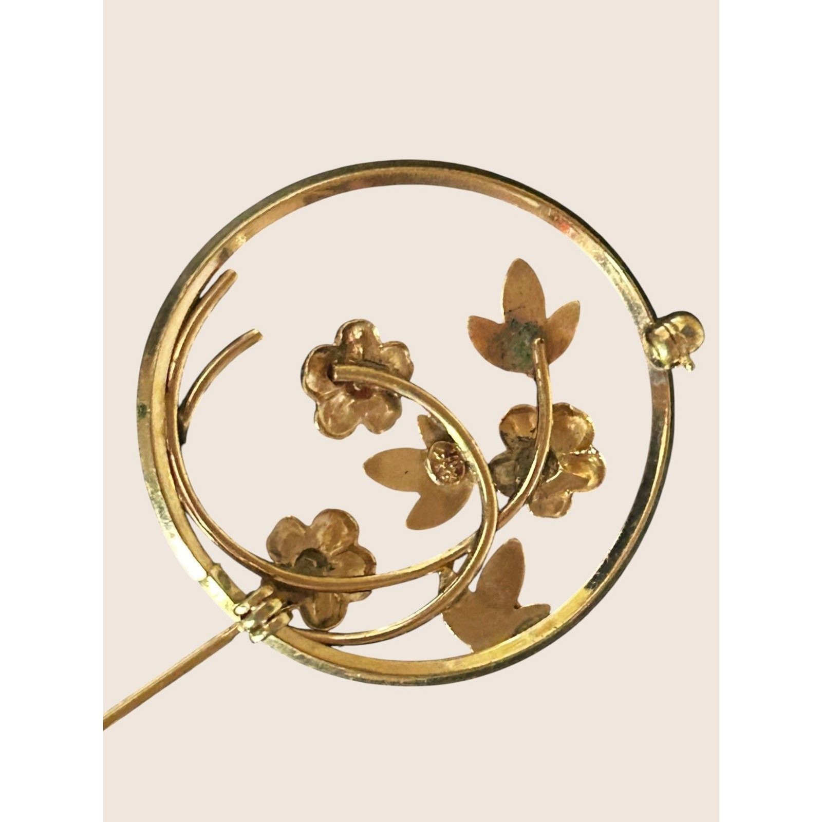 💐 VTG VAN DELL VD 12K GF CIRCLE BROOCH PIN FLOWER FLORAL ENAMEL RETRO DELICATE