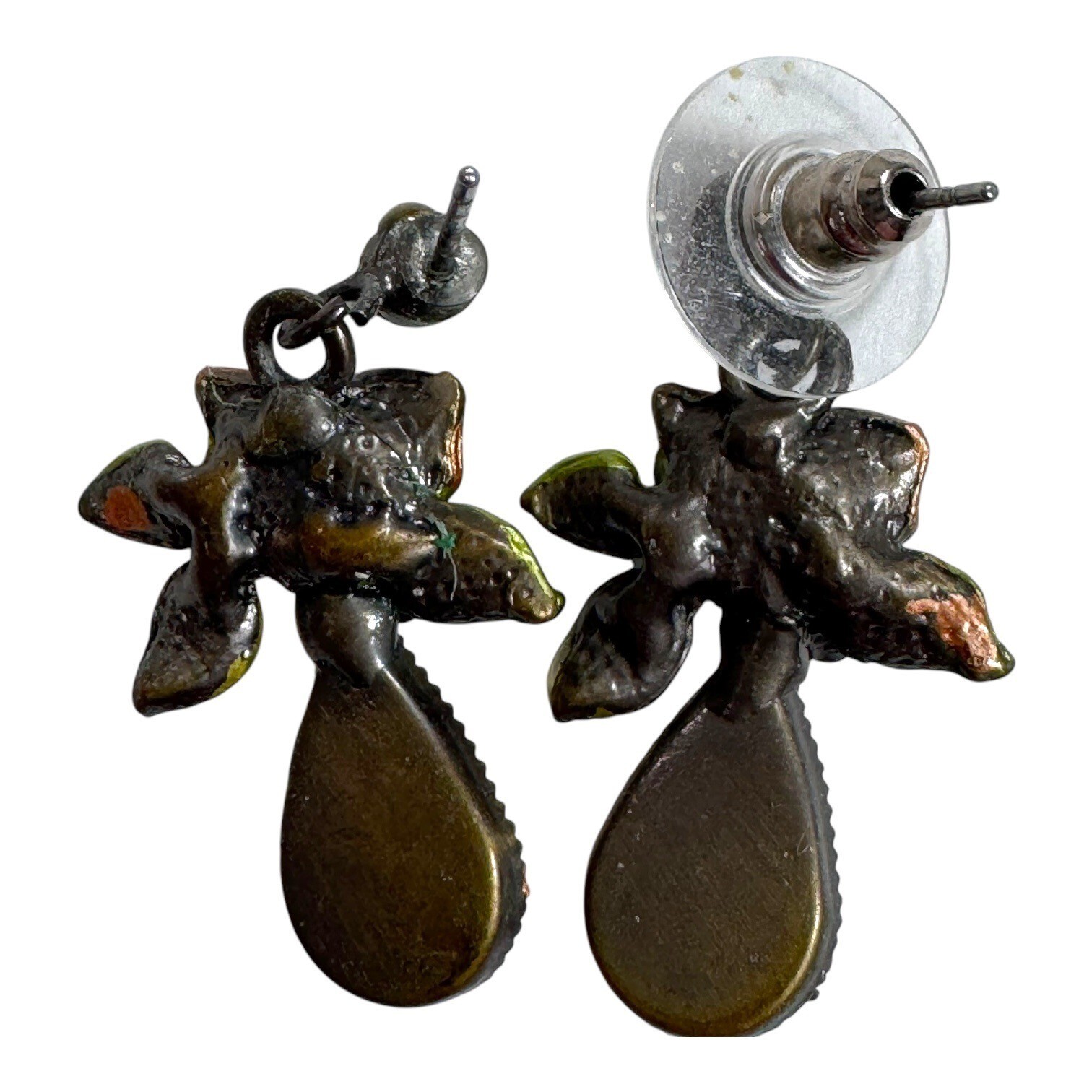 Vtg Floral Enamel Drop Earrings Amber Teardrop Rose Antique Bronze Finish READ