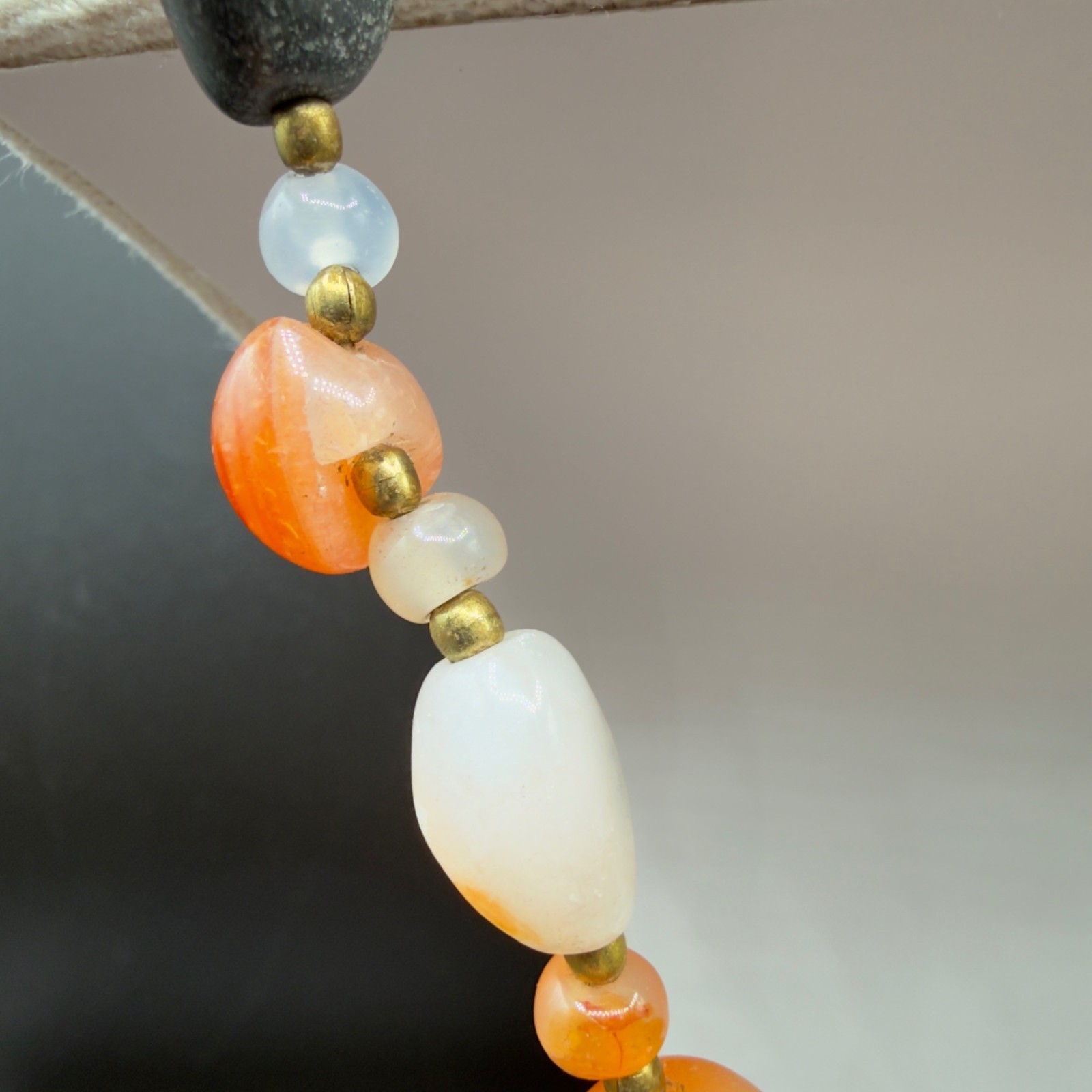 Vintage Beggars Bead Necklace Polished Stone Fall Colors Opera Length 32″