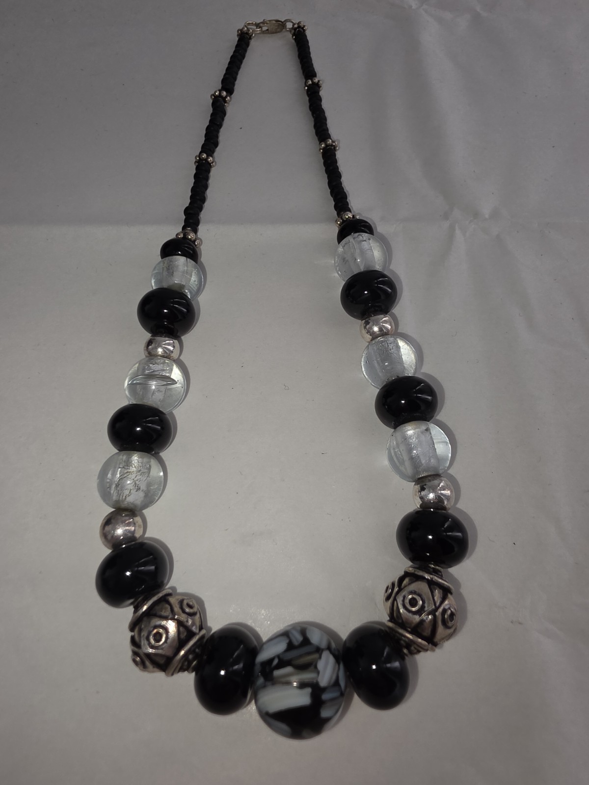 VTG Sterling Black Clear Glass Bead Necklace 60.97g