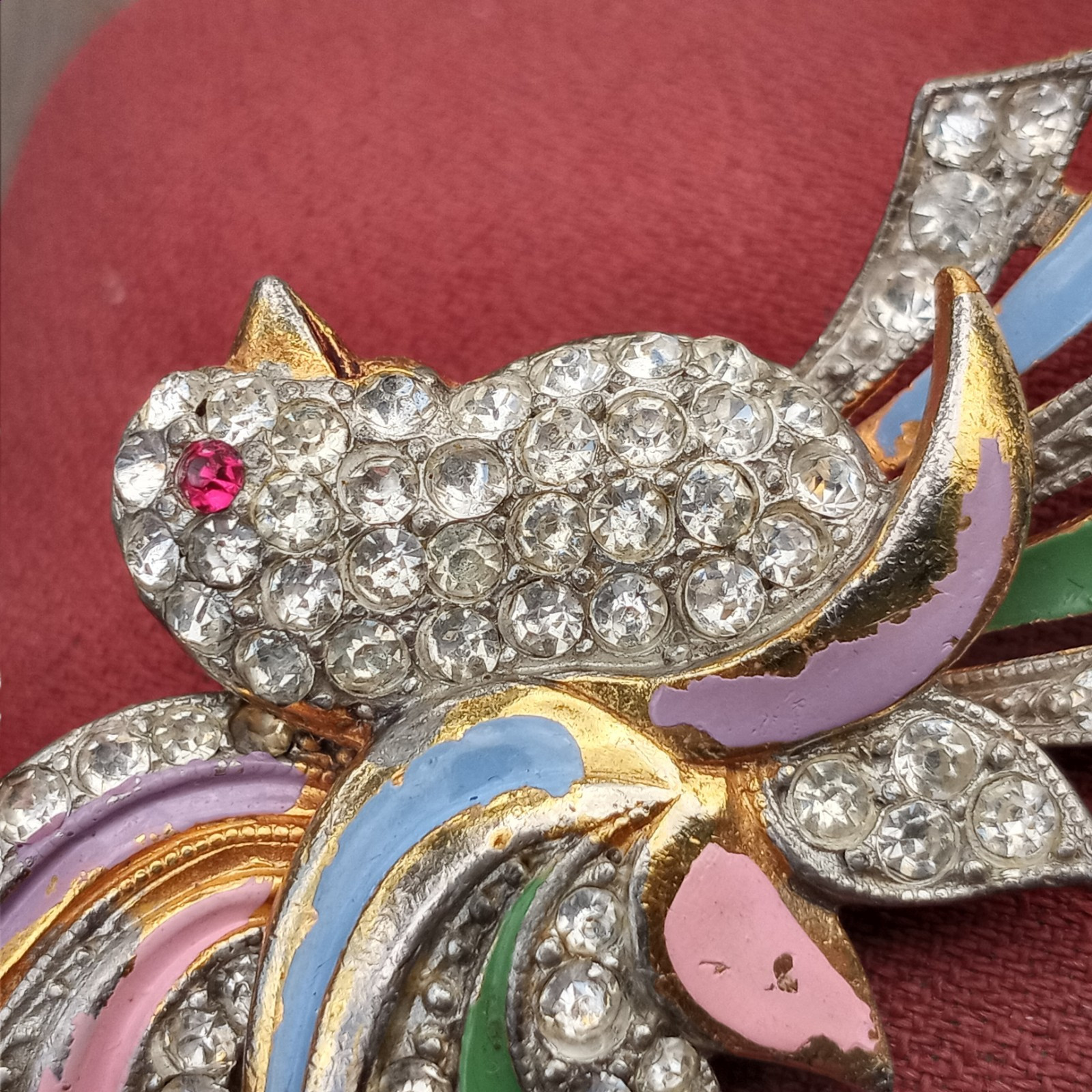 Vtg Coro? Clear Red Rhinestone Pink Blue Enameled Green Paradise Bird Brooch Pin