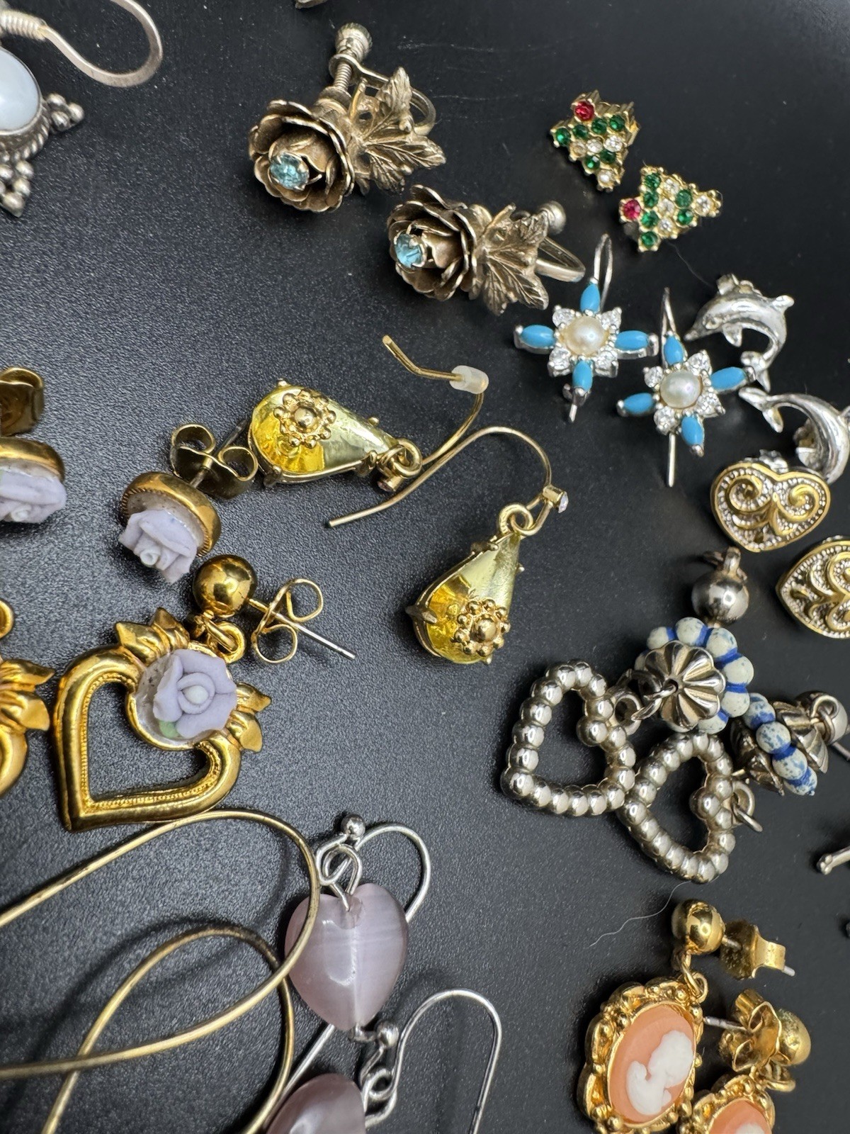 Vintage Earrings Lot 17 Pairs Avon Cameo Heart Dangle Rose Bird Mixed Styles