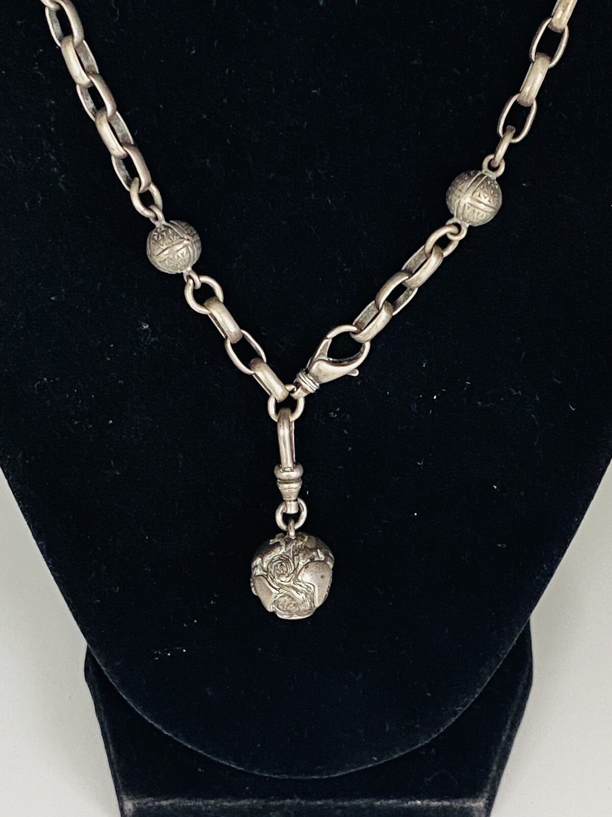Vintage Sterling Silver Station Fleur de Lis French Ball Globe Charm Necklace