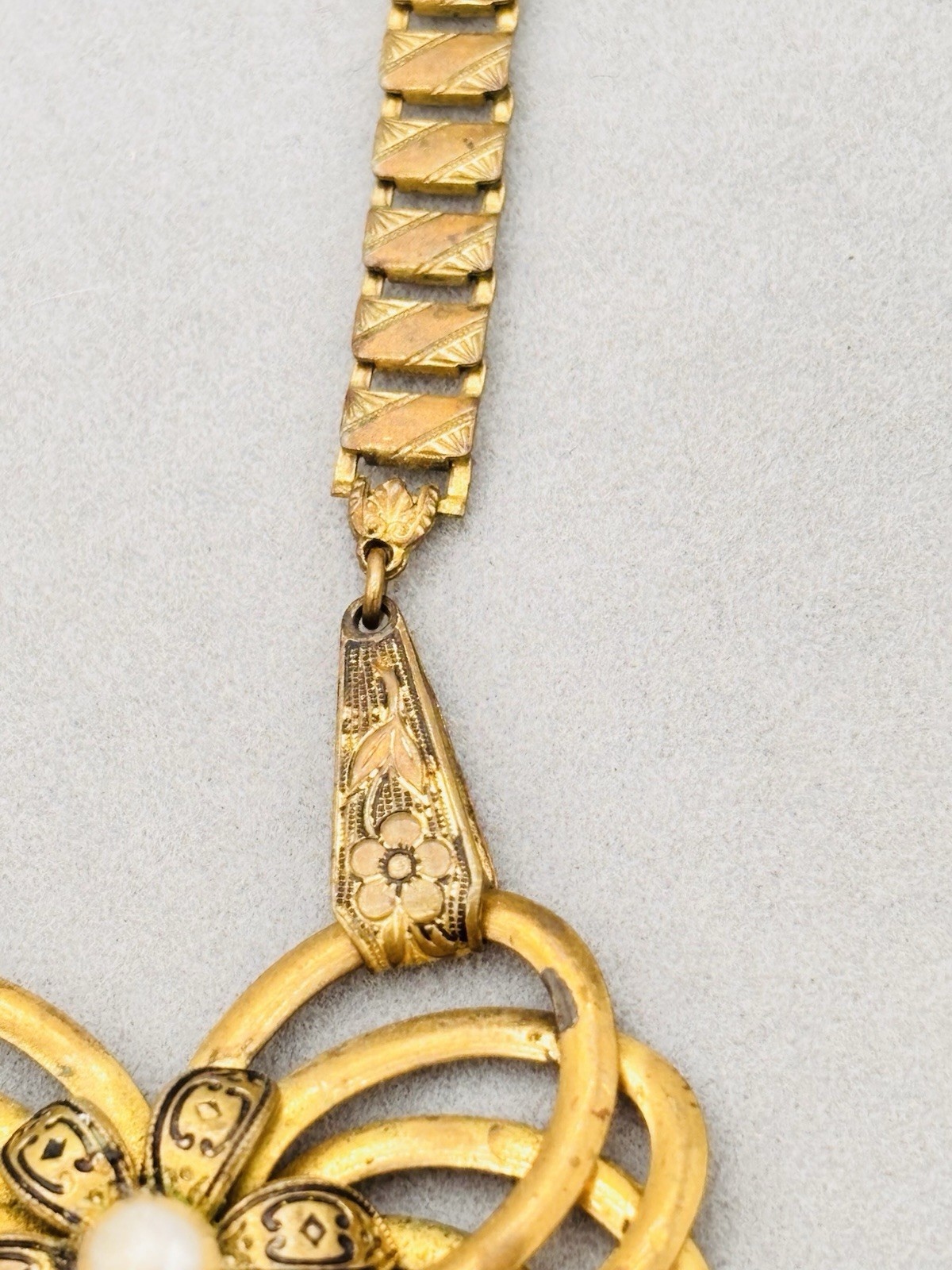 Antique Book Chain Gold Tone Necklace Floral Etched Bow Articulated Pendant
