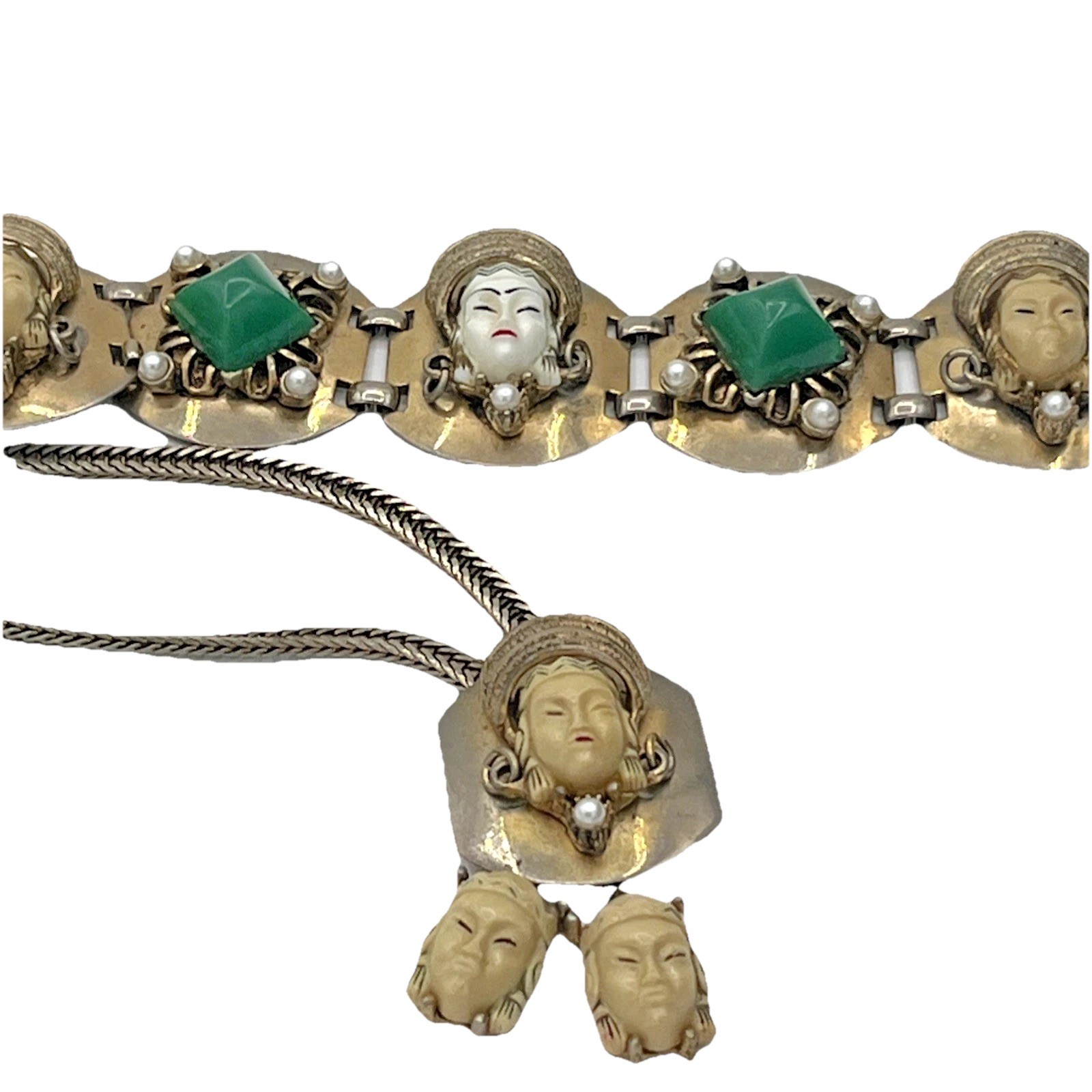 Vintage Sculpted Face Pendant Necklace & Green Stone Bracelet Set