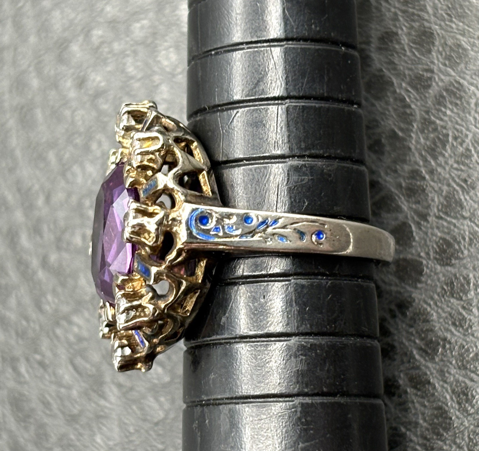 Vintage Huge Purple Sapphire Sterling Silver Blue Enamel Cocktail Ring Size 5.5