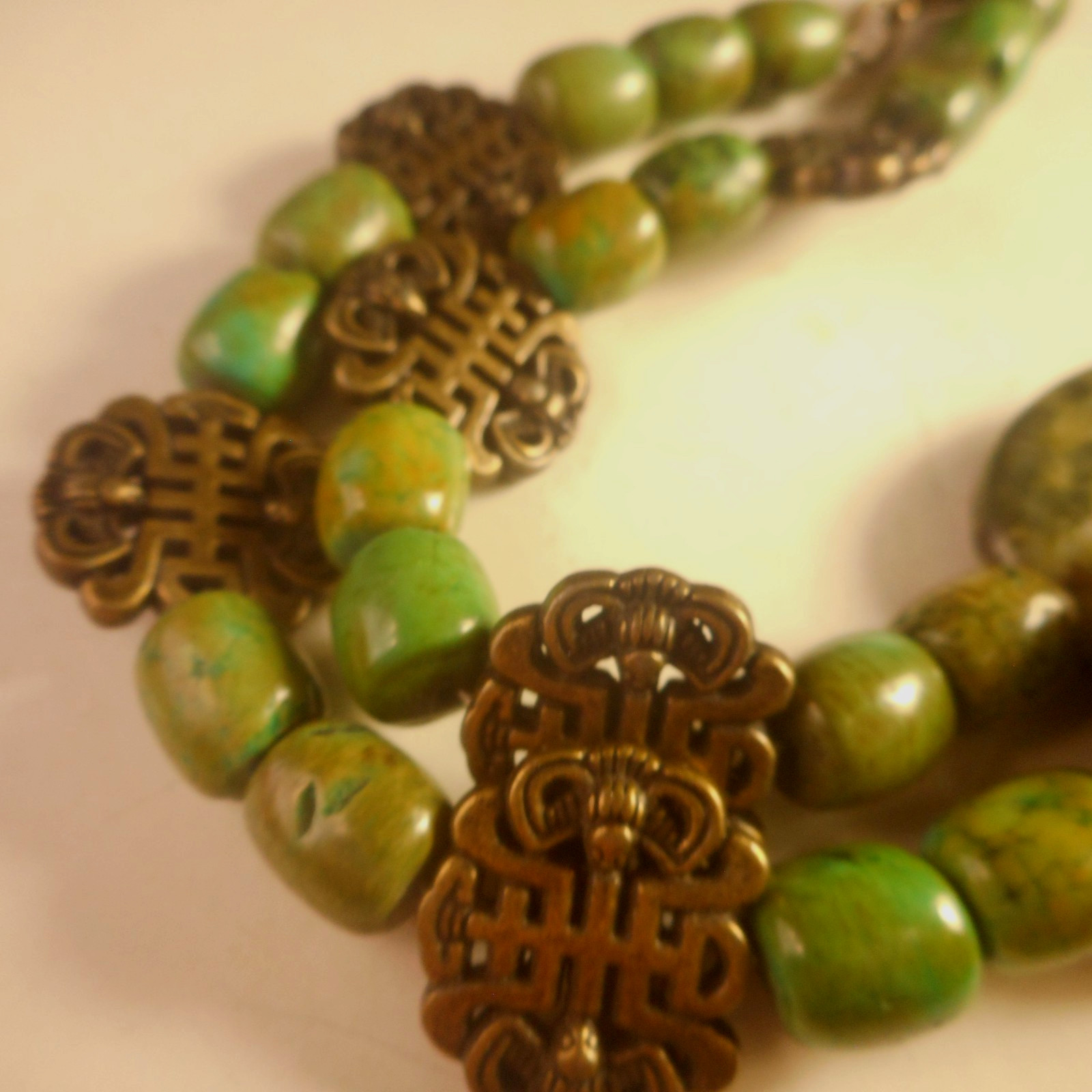 Vtg Artisan Bloodstone Jasper Brass Beaded Necklace Old 24″
