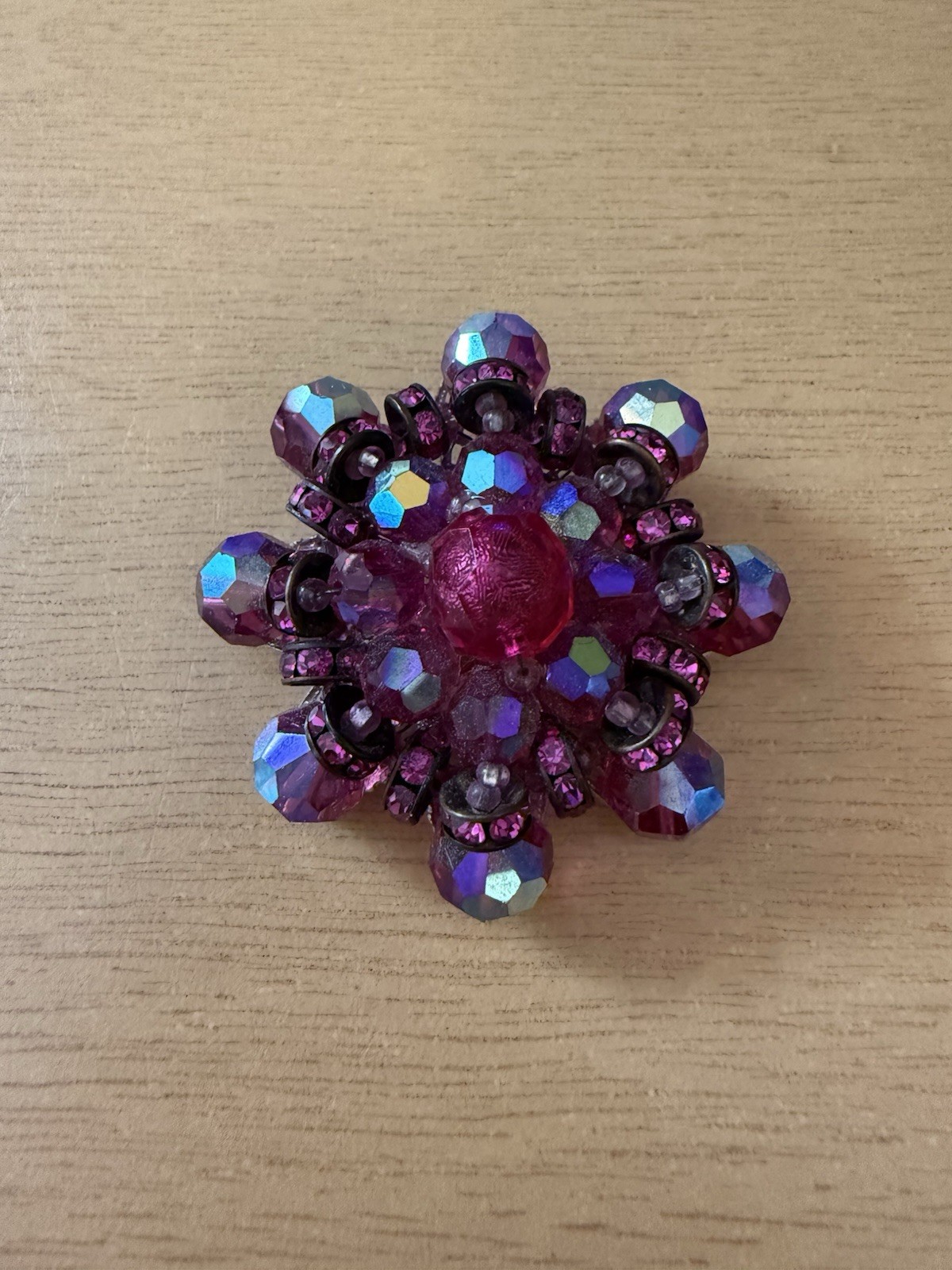 Vintage AB Red Beaded Brooch Silver Tone