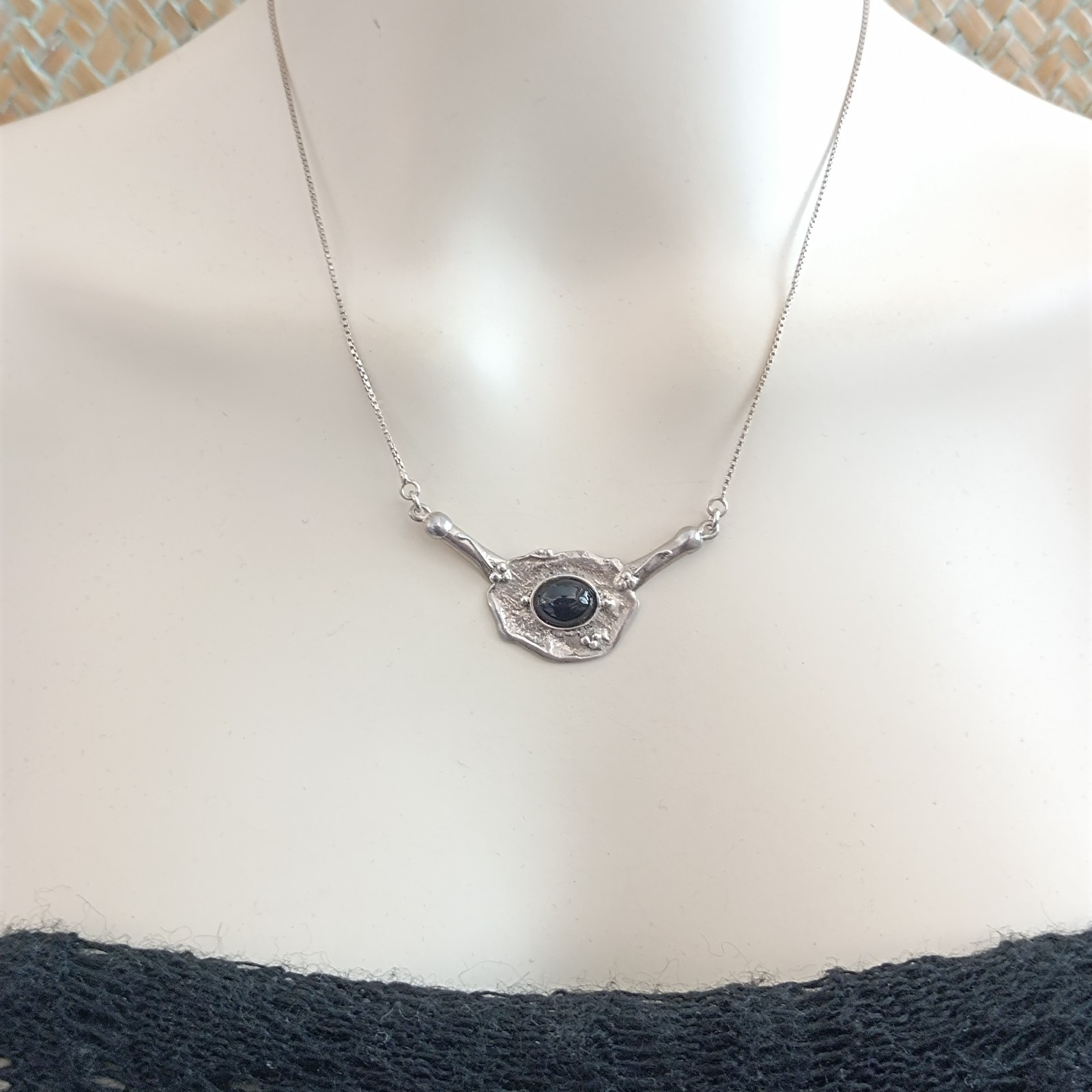 Modernist Silver Onyx Necklace Artisan Freeform Bib Brutalist Israel Art Vintage