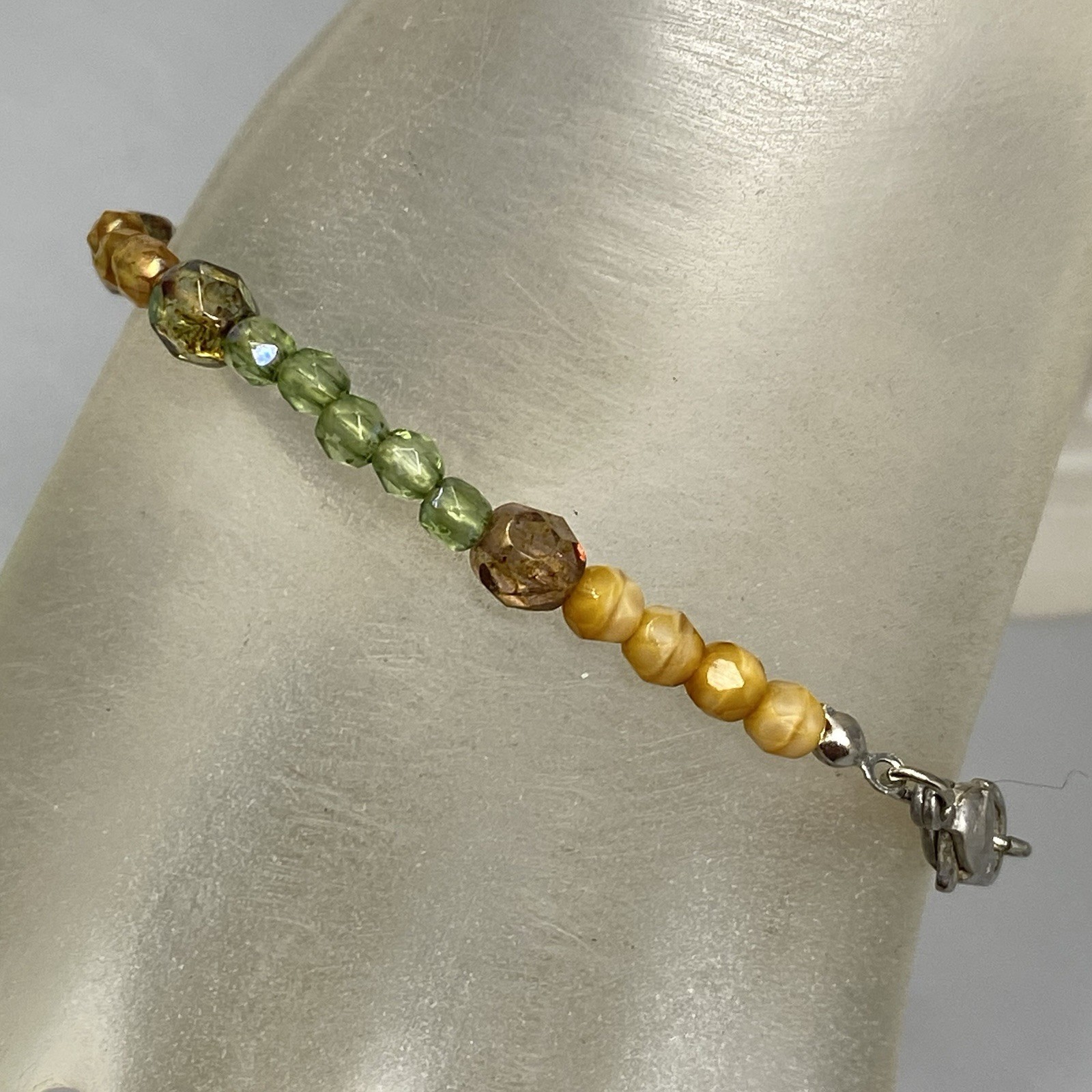 Glass Bead Bracelet Mini Green Orange Marble Faceted Fire Polished Coated 7″