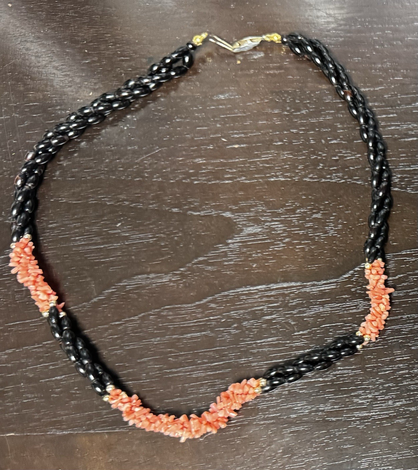 Rare Vintage Genuine Black Coral Yusr & Salmon Pink Coral Chip Torsade Necklace