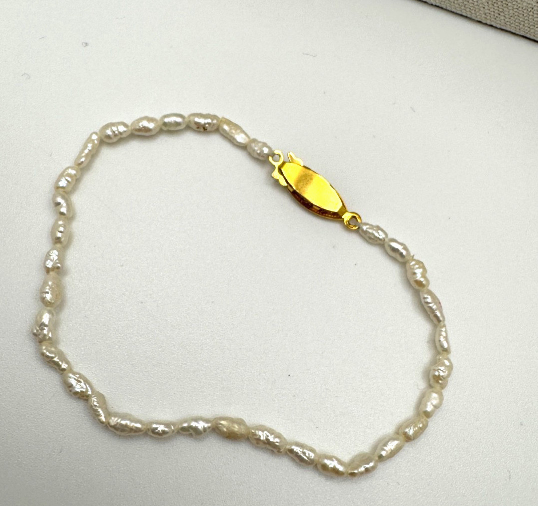 Vintage Rice Pearl Necklace Bracelet Set 20″ 8″ Gold Tone Fish Hook Clasp