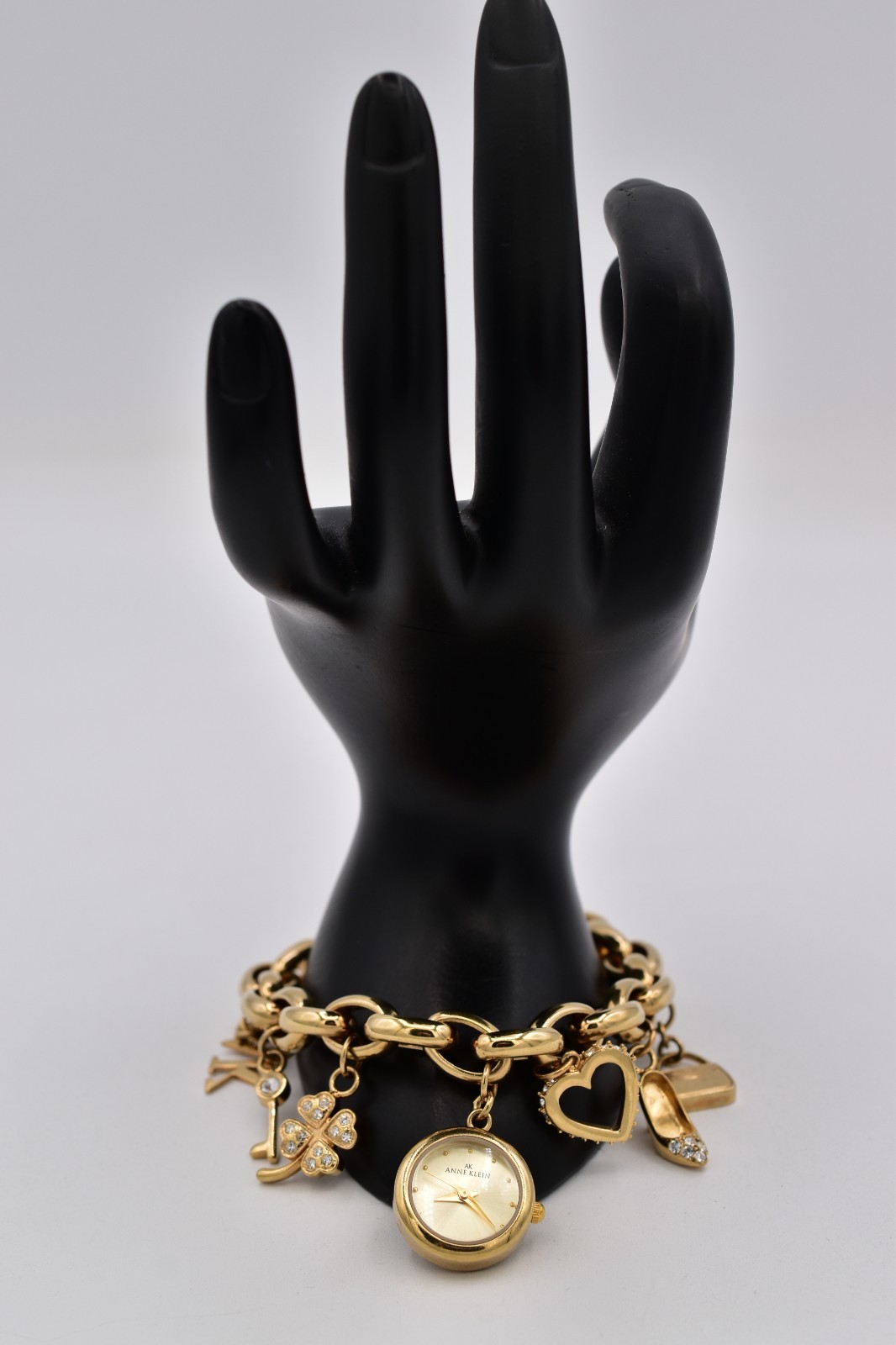 Anne Klein Gold Watch Charm Bracelet Heart Shoe Purse Clover AK Crystal BinAD