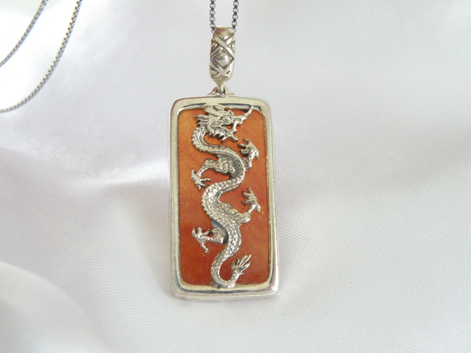 Vintage Sterling Silver 925 Red Jade Asian Dragon Pendant Necklace