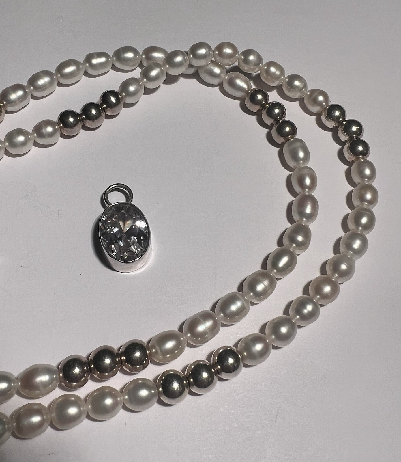 Harlene Korey Kalibre Sterling Freshwater Pearl Necklace Crystal Pendant